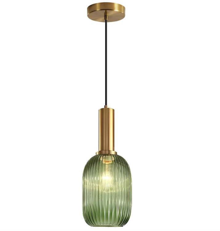 Zielona lampa wisząca z żebrowanego szkła, kinkiet do wyspy kuchennej, mała lampa wisząca z antycznego mosiądzu, lampa wisząca w stylu połowy XX wieku