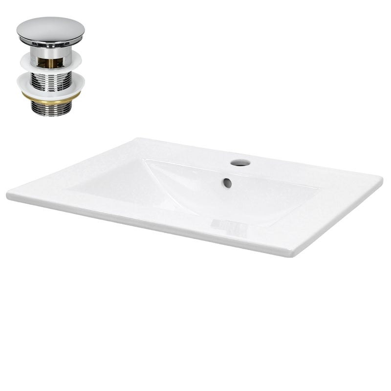 ECD Germany Umywalka Umywalka 610x465x175 mm biala ceramiczna wraz z zestawem odplywowym z przelewem Umywalka do zabudowy Umywalka reczna Umywalka do