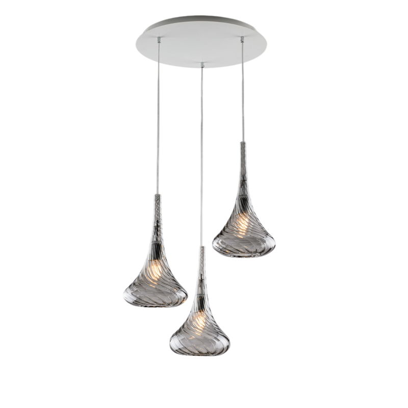 Sospensione in ferro con vetri grigio pyrex 3 luci H.41 - MAX 141 - Ø50