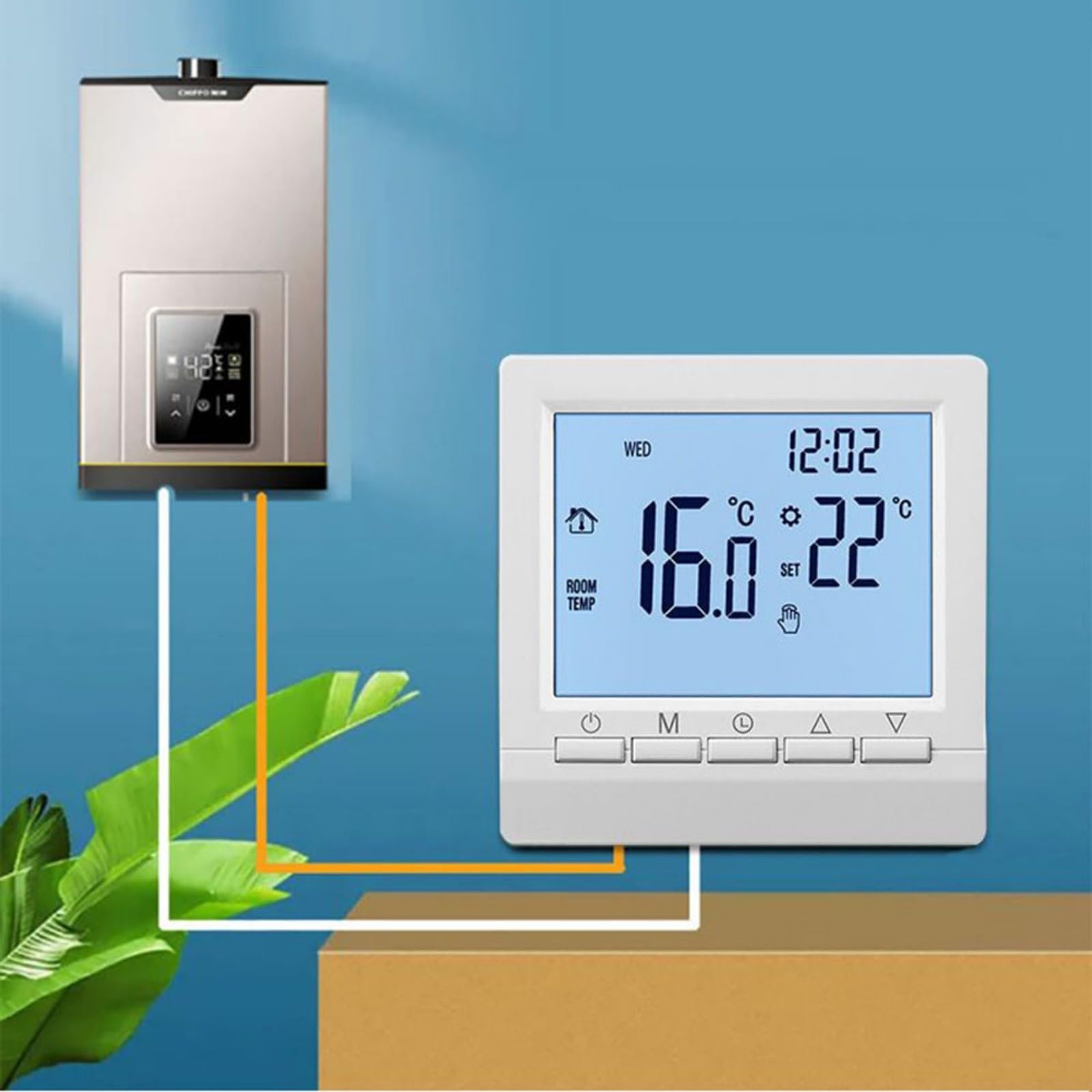 1 x Zasilany bateryjnie termostat kotłowy, programowalny regulator temperatury otoczenia, blokada rodzicielska, regulacja temperatury: 5-90°C