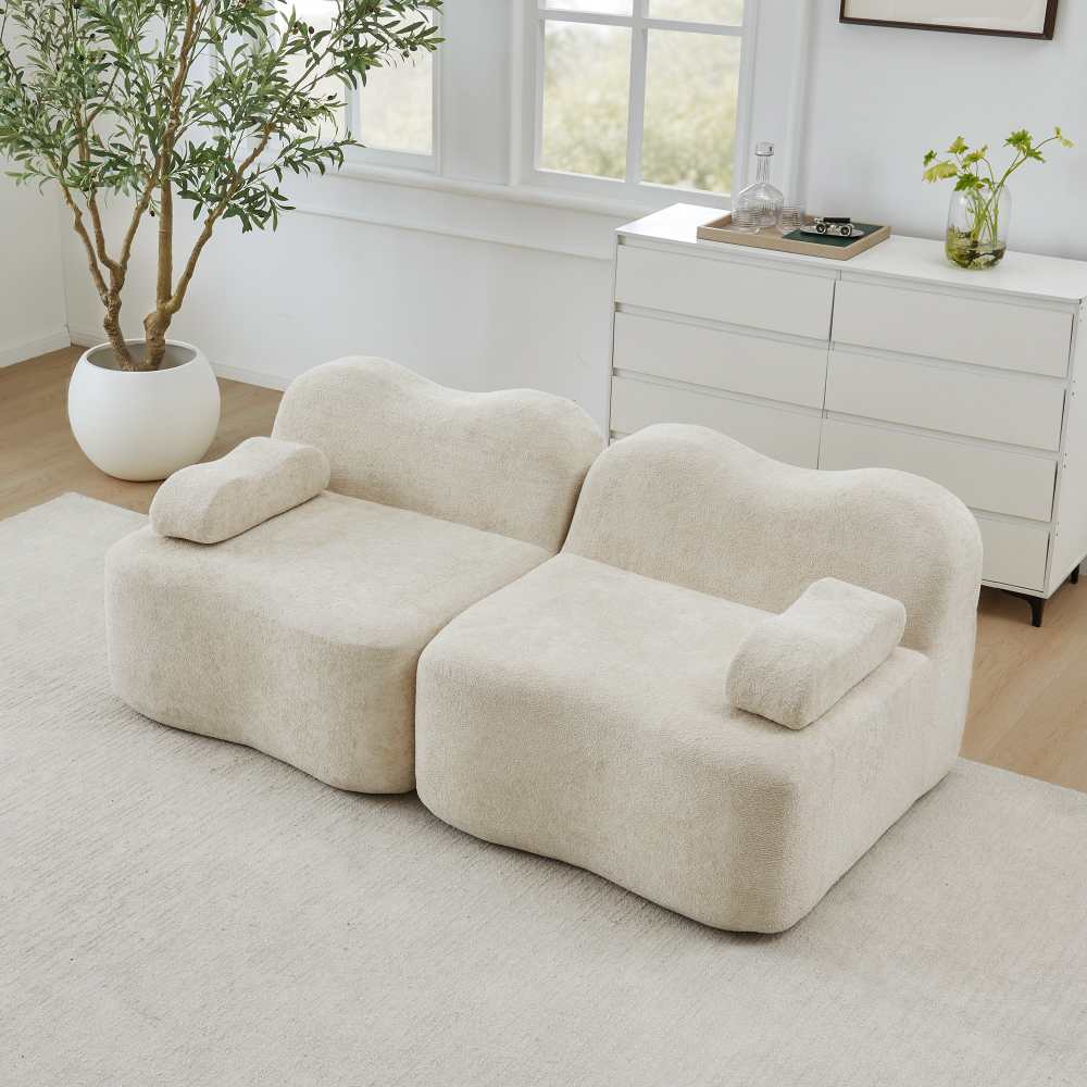 Modułowa sofa 2-osobowa welurowa beżowa, falowany kształt, głębokie poduszki, zdejmowane podłokietniki, bez montażu, do salonu, mieszkania