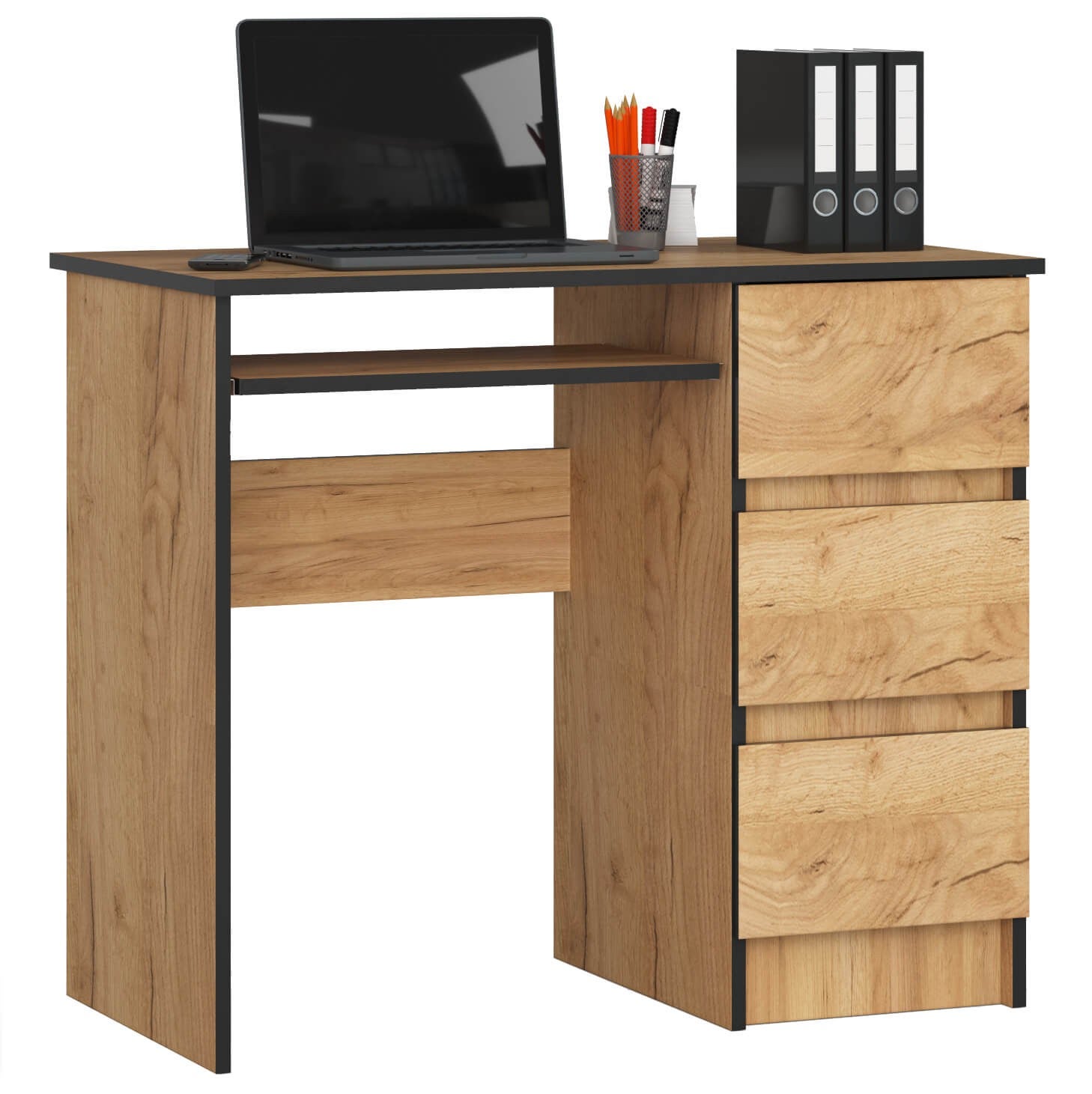 Biurko komputerowe AKORD A6 Dąb Craft 90 cm prawe 3 szuflady kolor Dąb Craft mat 1 półka 90x50x77 cm