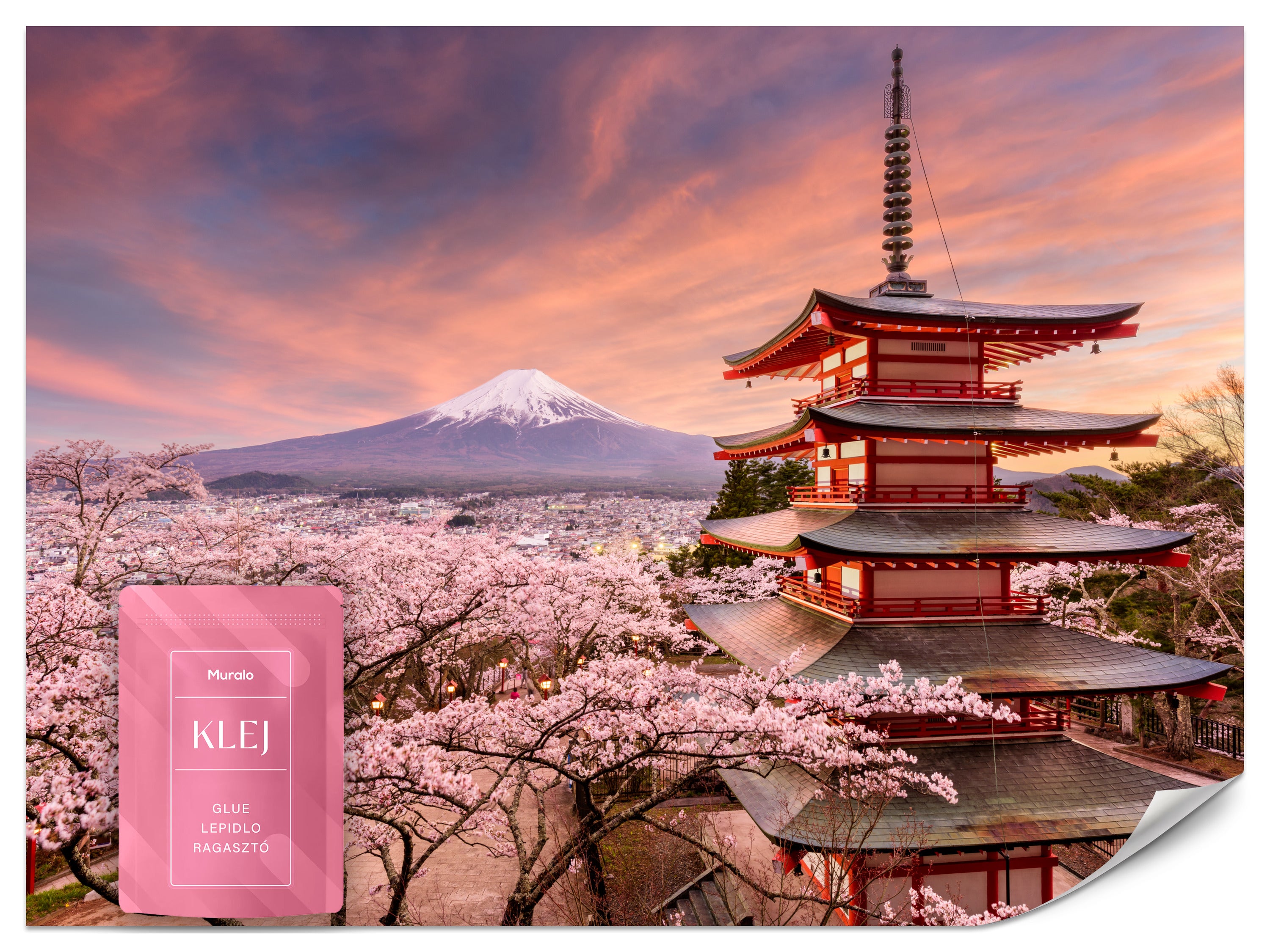FOTOTAPETA DO SALONU PEJZAŻ PAGODA GÓRA FUJI SAKURA ZACHÓD SŁOŃCA 450x315