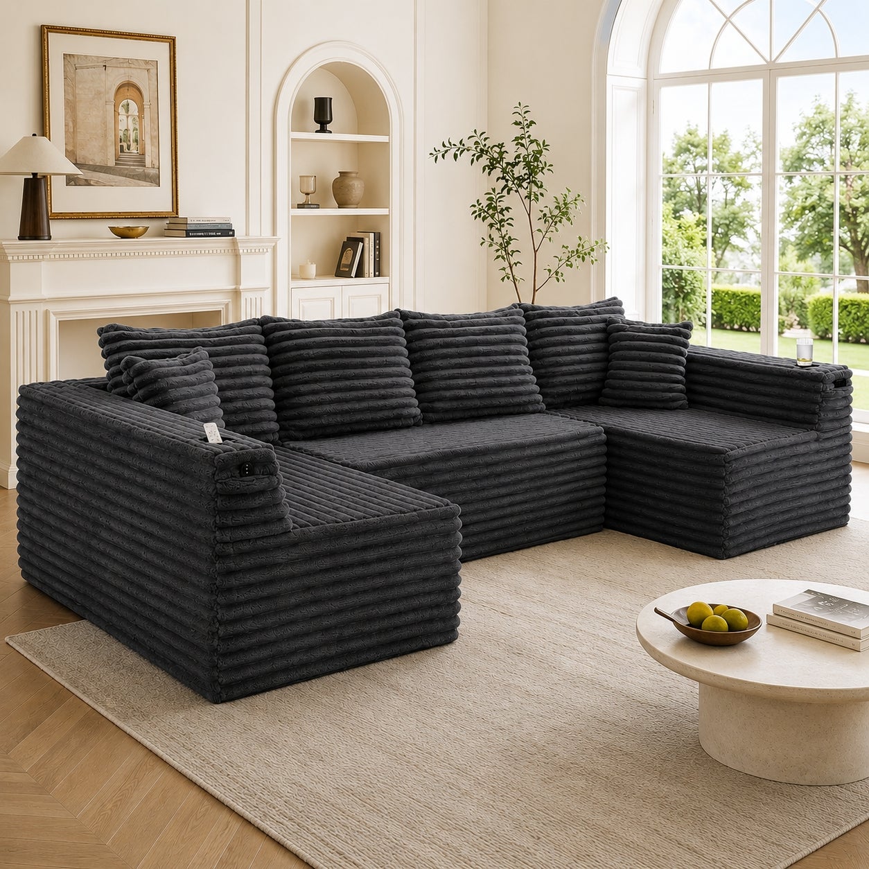 Sofa w Kształcie U Modułowa ze Sztruksu z Uchwytami na Kubki i Sprężynami do Salonu