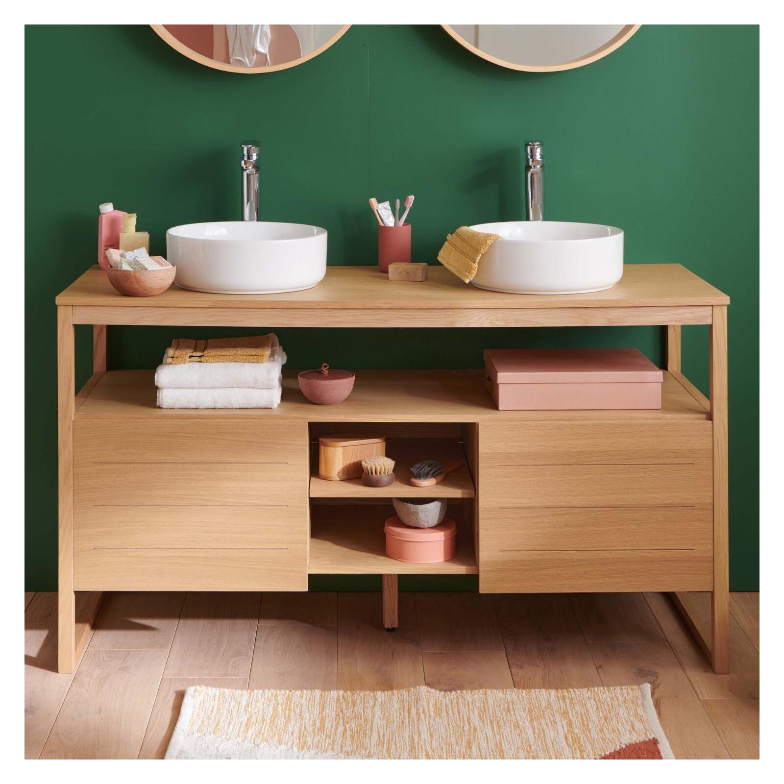 Meuble ATOLL double vasque 140cm chêne robinets blanche