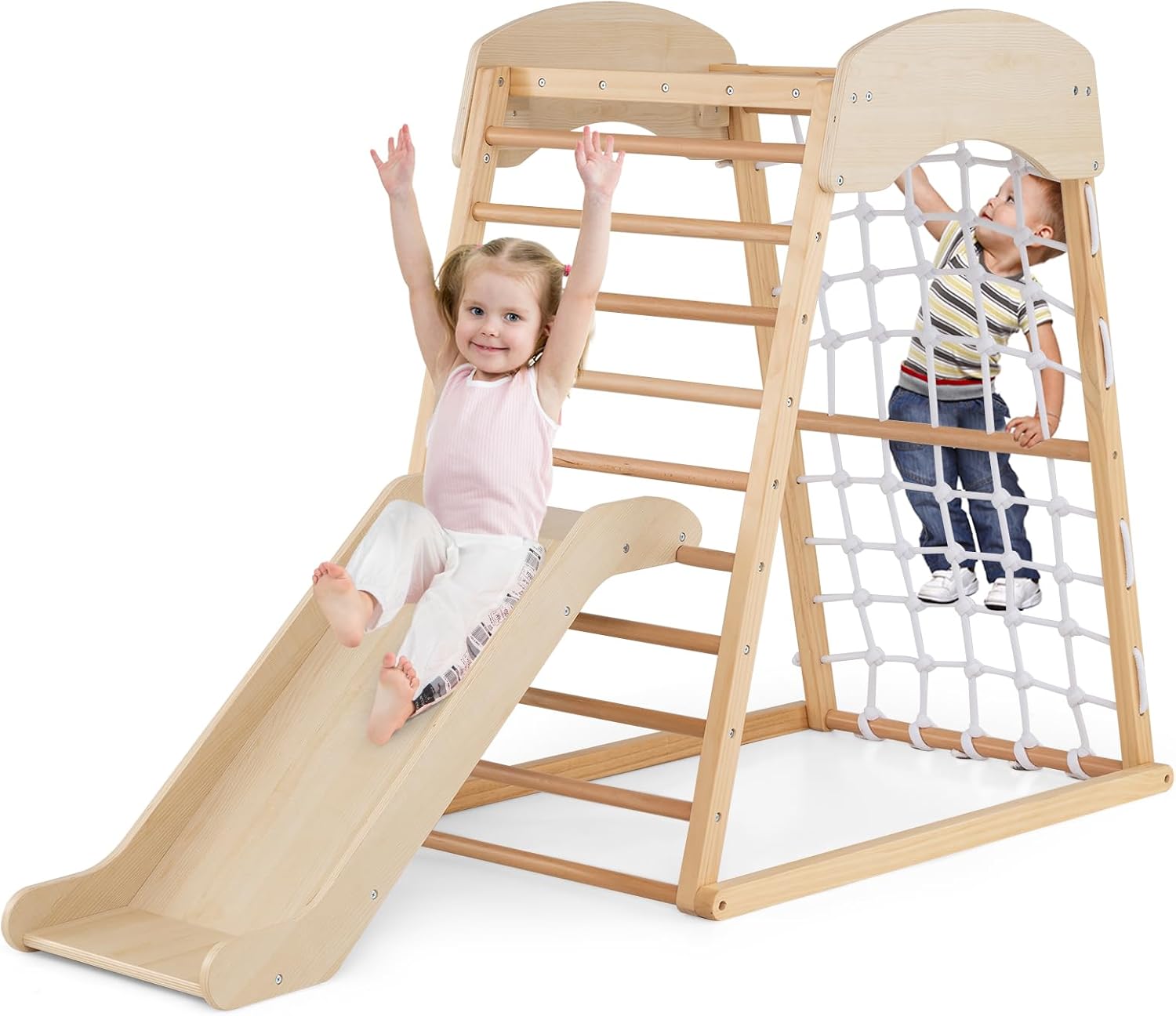 4 w 1 Trójkąt wspinaczkowy Montessori Dzieci od 1 roku życia z zjeżdżalnią, placem zabaw do wspinaczki z siatką i drabinką, nośność 50 kg, naturalny