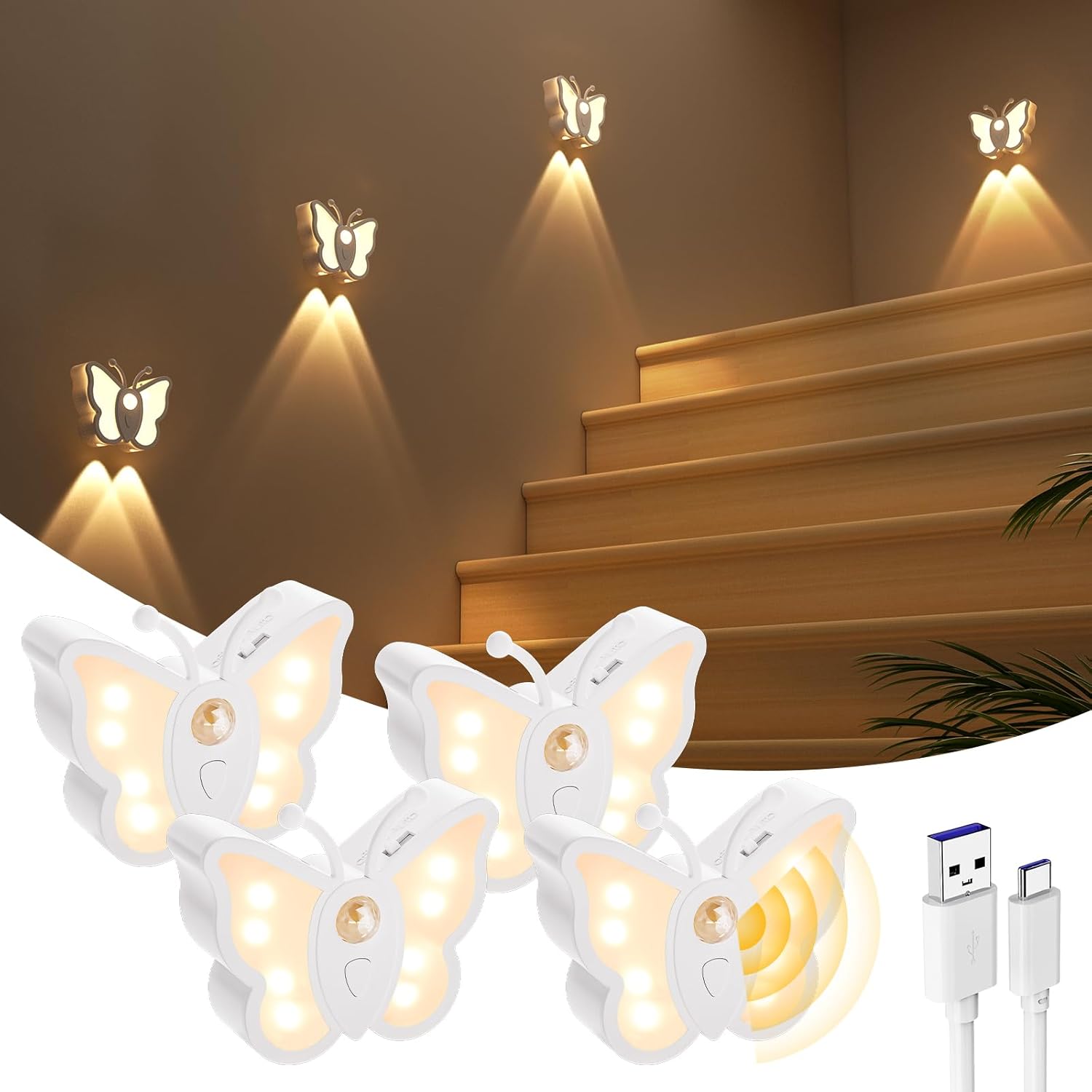 Lampka nocna z czujnikiem ruchu, zasilana akumulatorem, regulowana jasność, samoprzylepny uchwyt ścienny, opakowanie 4 szt.