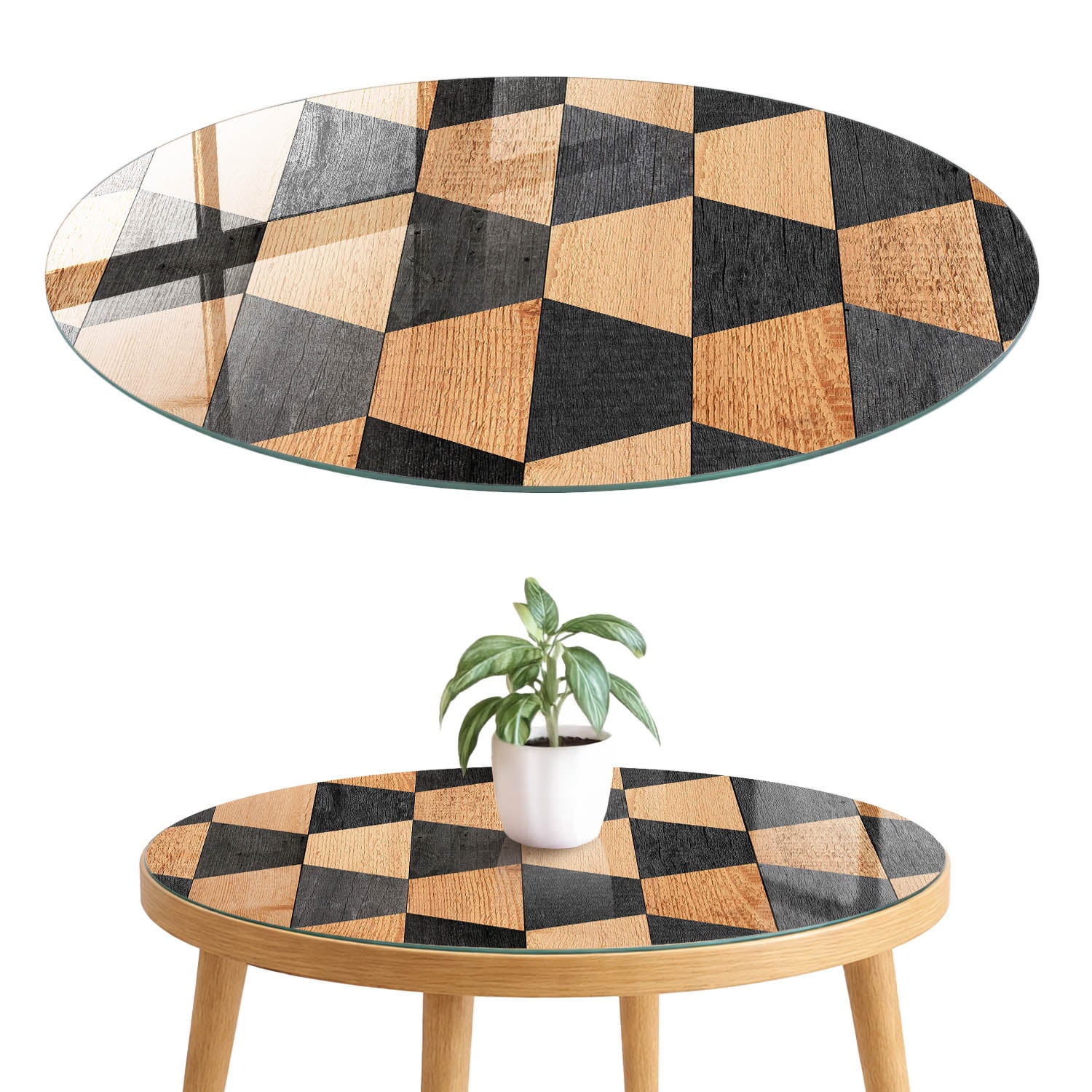 Dekoracyjny blat szklany 4 mm z printem - na stół, szafkę, komodę i stolik fi80 cm Geometria wnętrz