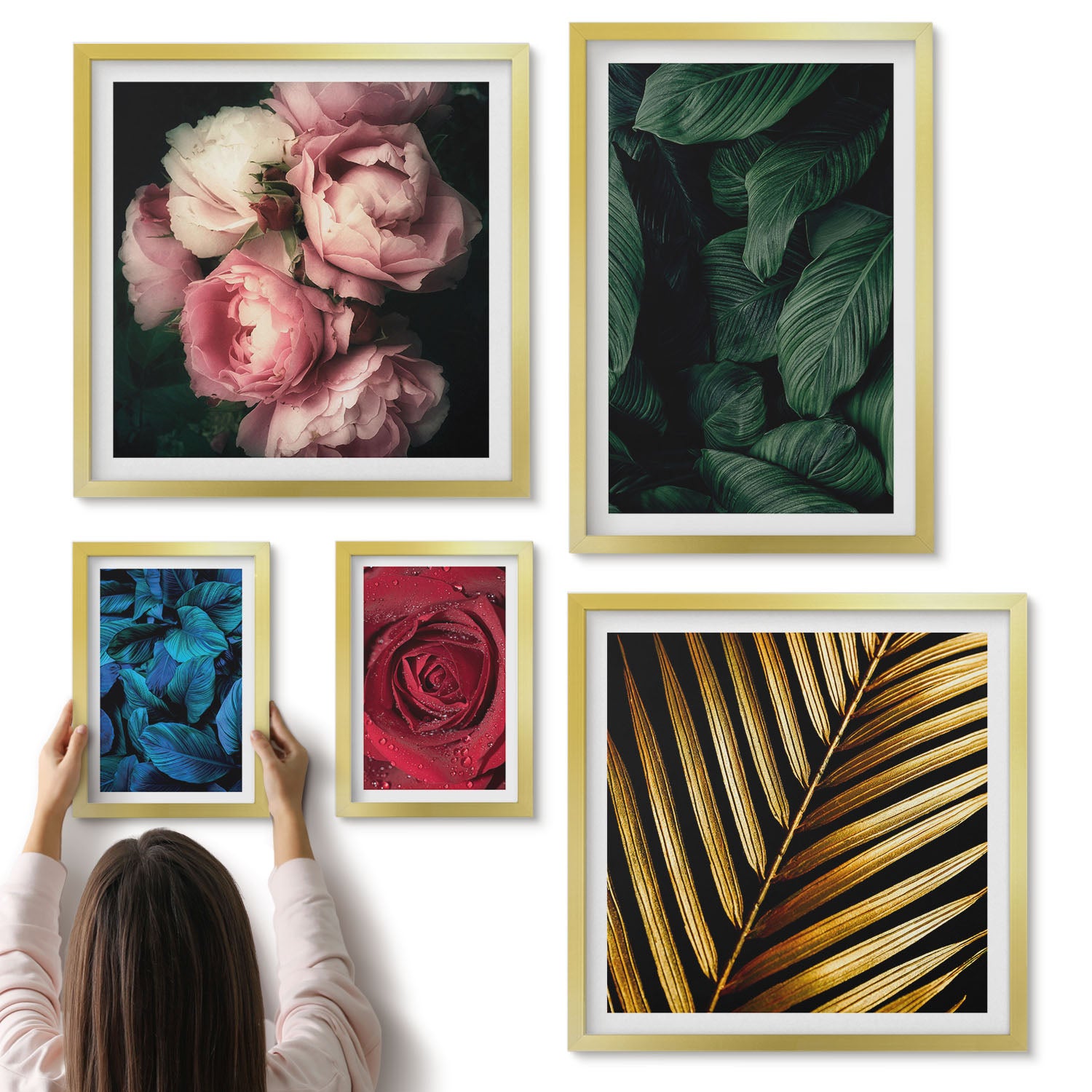 Galeria ścienna 5-częściowy komplet obrazów w złotych ramach - Roślinne motywy z kwiatami i liśćmi w stylu naturalnym - ArtPrintCave