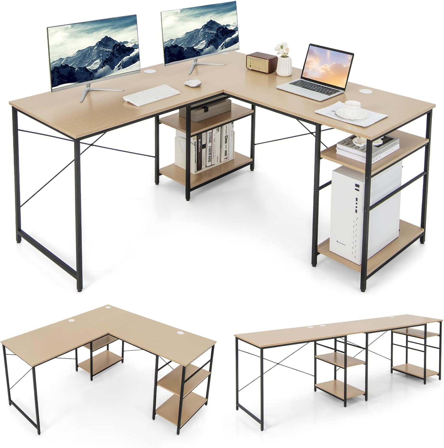 Deska do pisania w kształcie litery L, biurko z 4 deskami, biurko z 3 kablami, biurko do gier komputerowych, biurko na laptopa, 151 x 151 x 75 cm