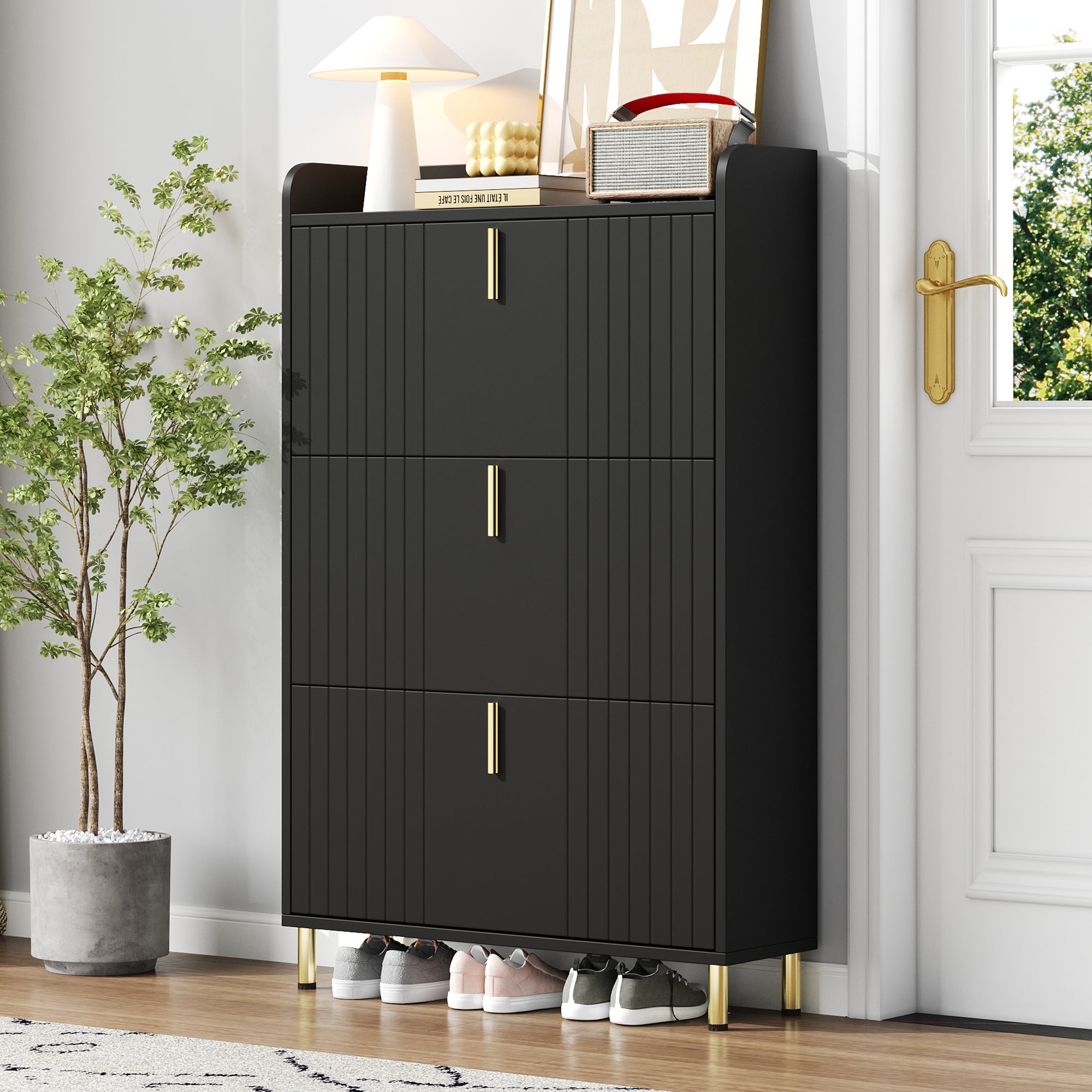 Szafka na buty z 3 drzwiami uchylnymi i zabezpieczeniem przed przewróceniem - 80 x 23,5 x 123,5 cm - MDF - Czarna