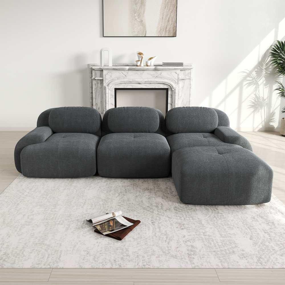 Narożna sofa modułowa, nie wymaga montażu, ergonomiczna, tapicerka z kordu, przyjazna dla zwierząt, wypełnienie 32D