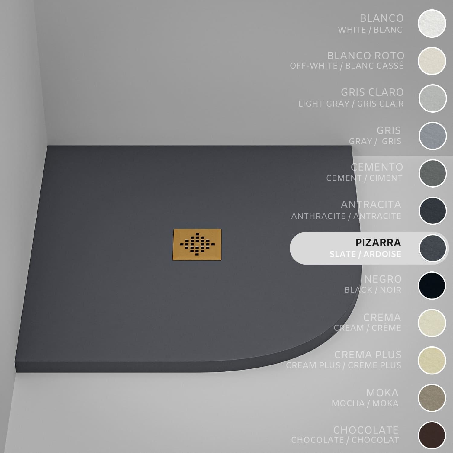 Brodzik półokrągły SOULHOME Żywica i Konglomerat Mineralny Antypoślizgowy 90x90 cm Łupek - Kratka Gold