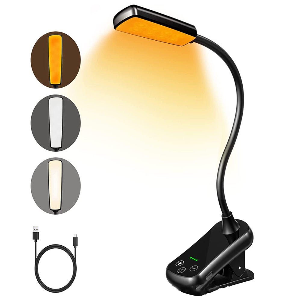 Przenośna lampka do czytania z 16 diodami LED, ładowanie przez USB, klips, 3 tryby oświetlenia, sterowanie dotykowe, z lampką kontrolną zasilania