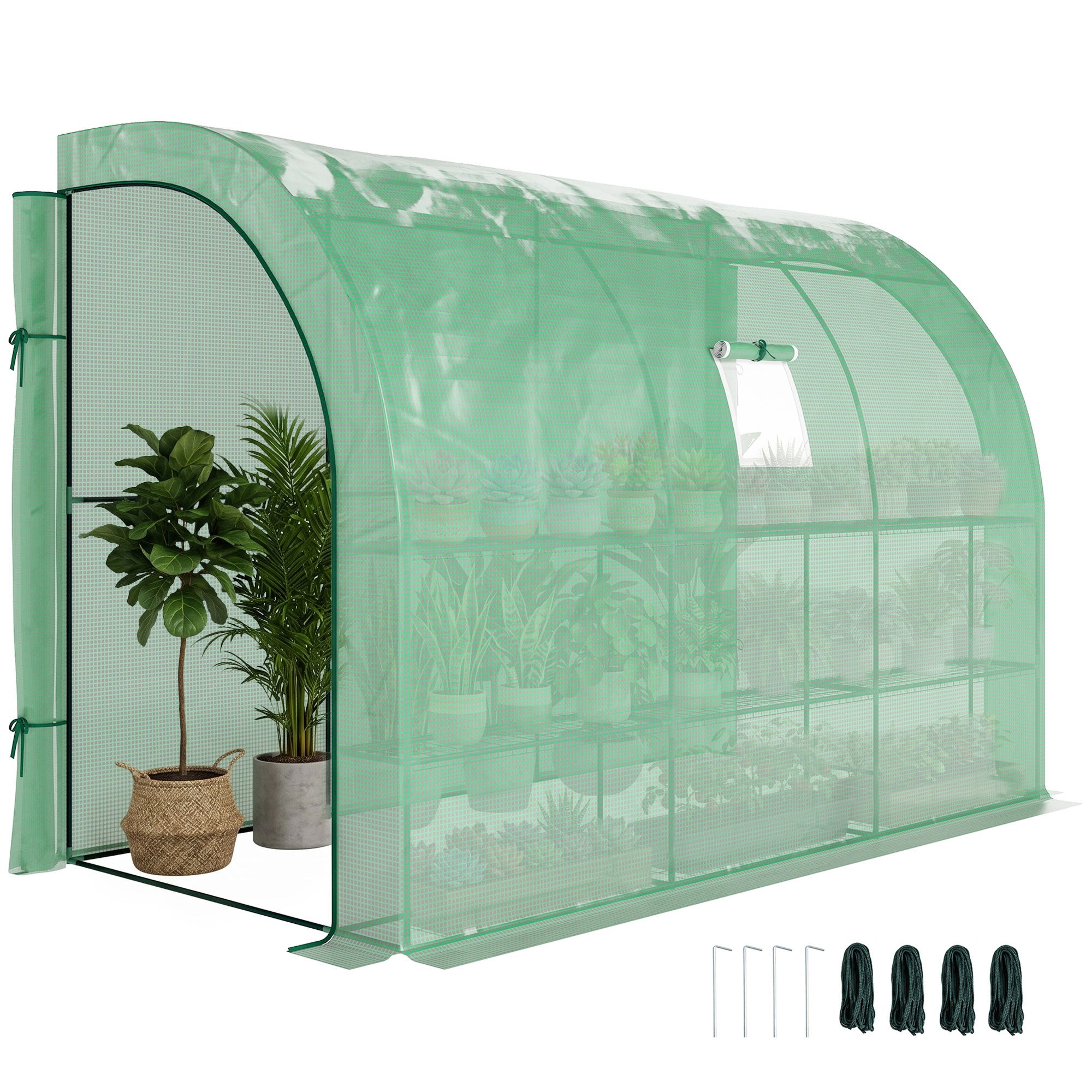 Szklarnia typu walk-in z oknami i drzwiami zamykanymi na suwak, 2 poziomy, 6 półek z siatki, 300L x 150W x 213Hcm, zielona