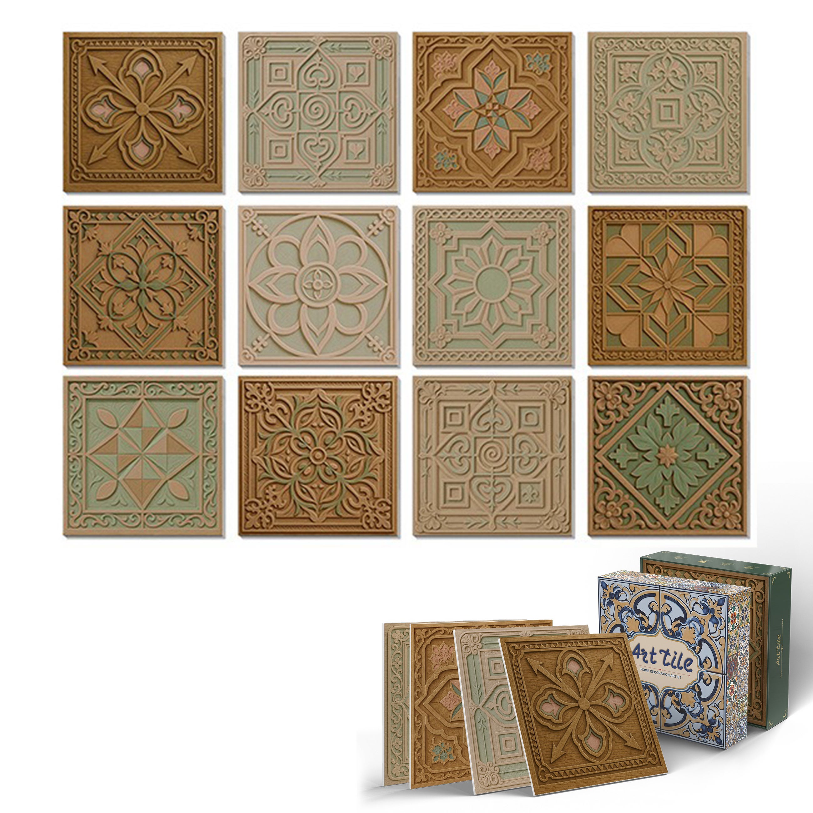 12 sztuk naklejek na płytki ścienne 15×15cm – Styl retro Śródziemnomorski & barokowy, wodoodporne naklejki z słońcem i księżycem(F)