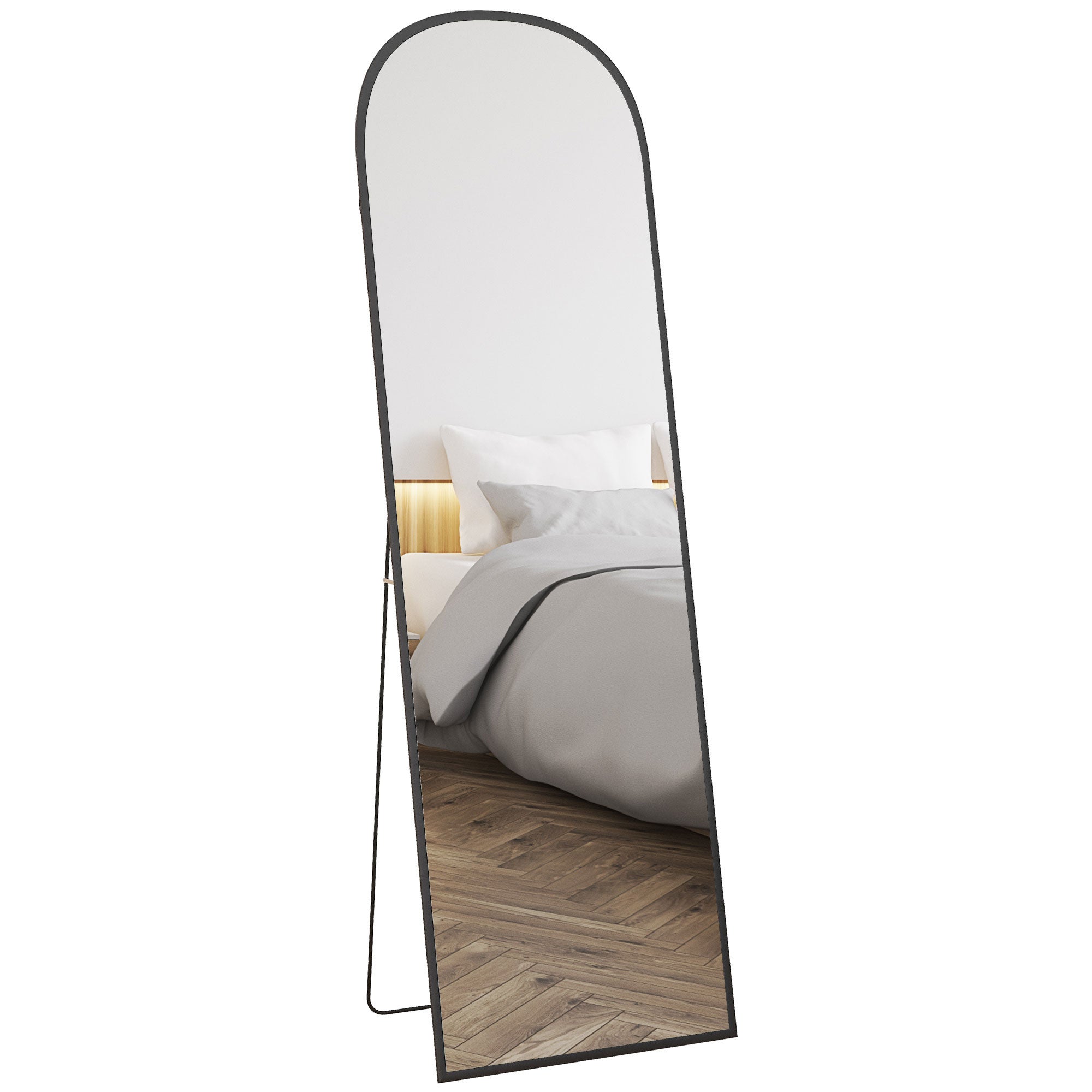 Nowoczesne lustro ze stopu aluminium, wolnostojące lub montowane na ścianie, ze składaną podstawą, 50 x 161,5 cm, w kolorze czarnym.