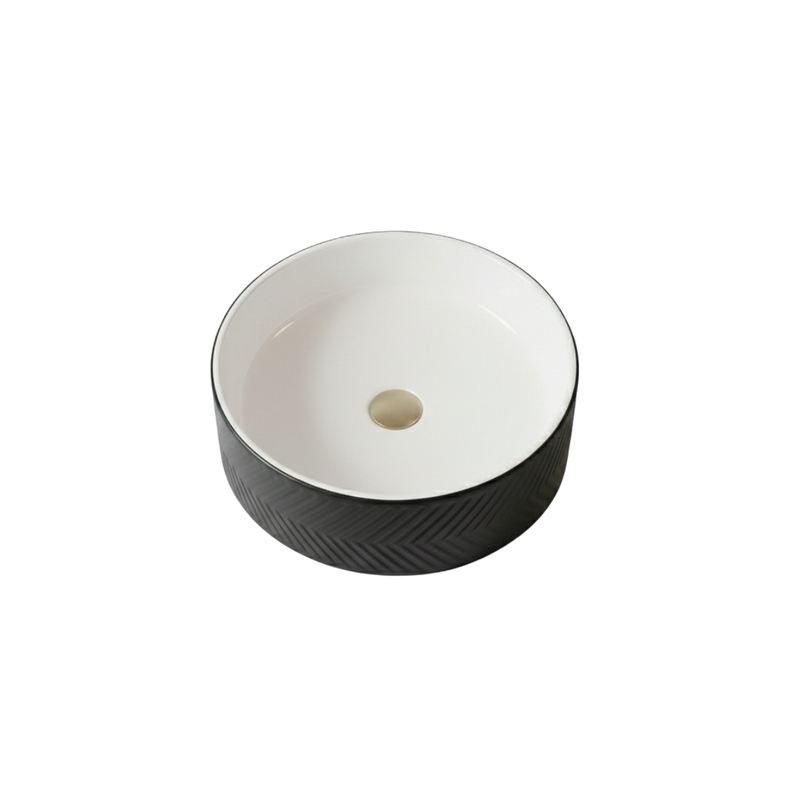 Umywalka nablatowa okrągła – 36,5 cm – czarno-biała, ryflowana – MIREA