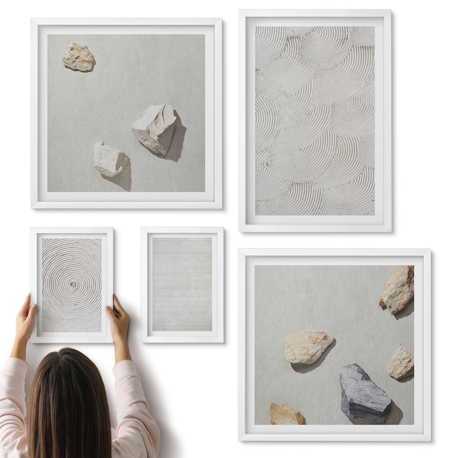 Galeria ścienna 5-częściowy komplet obrazów w białych ramach - Geometryczne tektury i kamienie na piasku nowoczesne wzory - ArtPrintCave