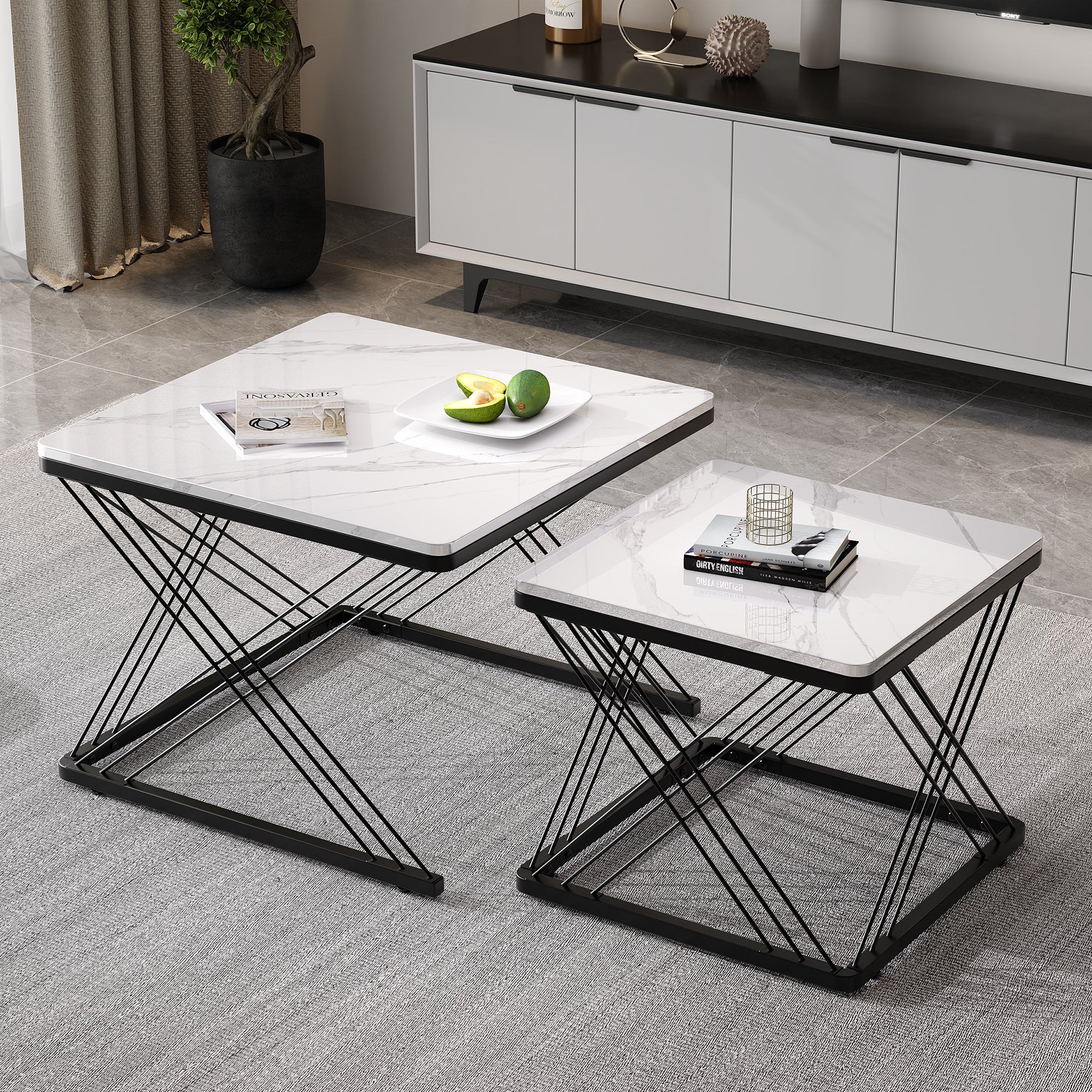 Stylowy 2-częściowy zestaw stolików kawowych, kombinowany stolik kawowy o wysokim połysku, stoły kwadratowe o wymiarach 60*60*45 cm i 45*45*40 cm