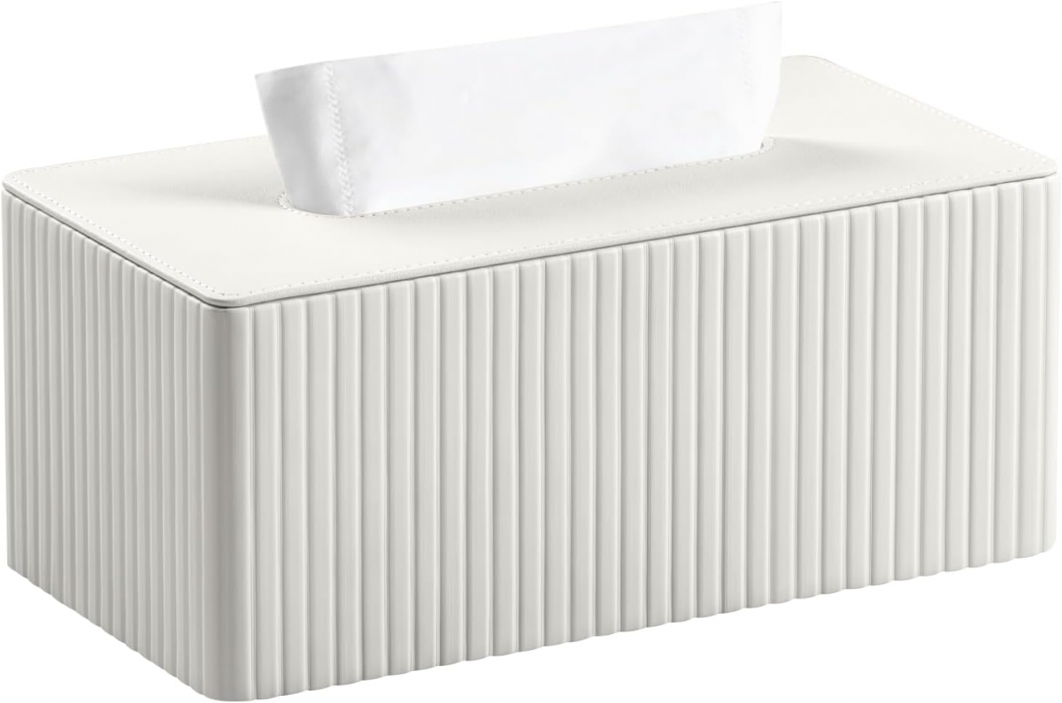 Pokrowiec na pudełko na chusteczki ze skóry w paski do łazienki, sypialni, salonu, biura – 1 sztuka, biały, 25 × 13,5 × 11 cm
