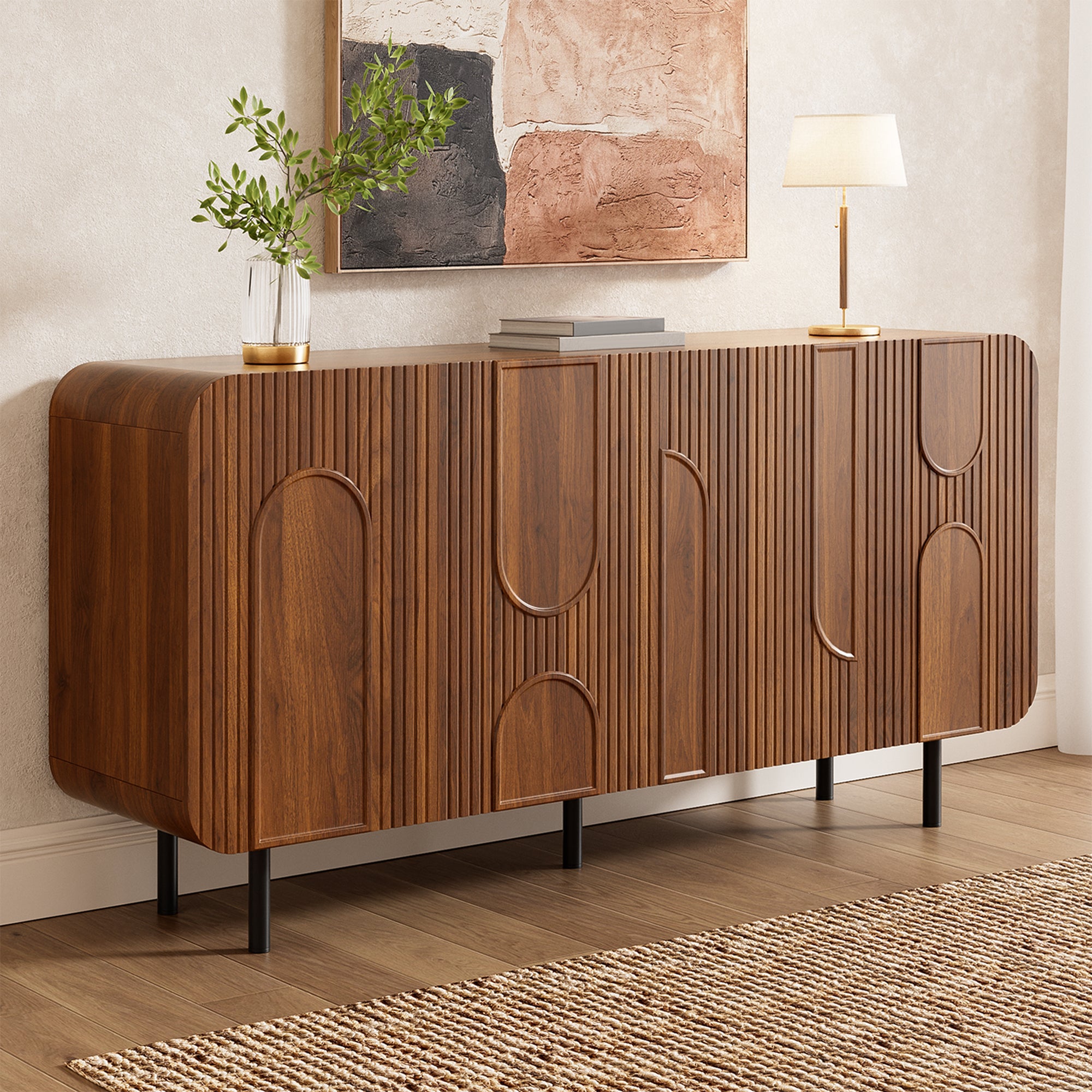 Komoda z 4 drzwiami i regulowanymi półkami - 160 x 40 x 79 cm - Płyta MDF i płyta wiórowa - Nogi metalowe - Design z połowy XX wieku - Orzech
