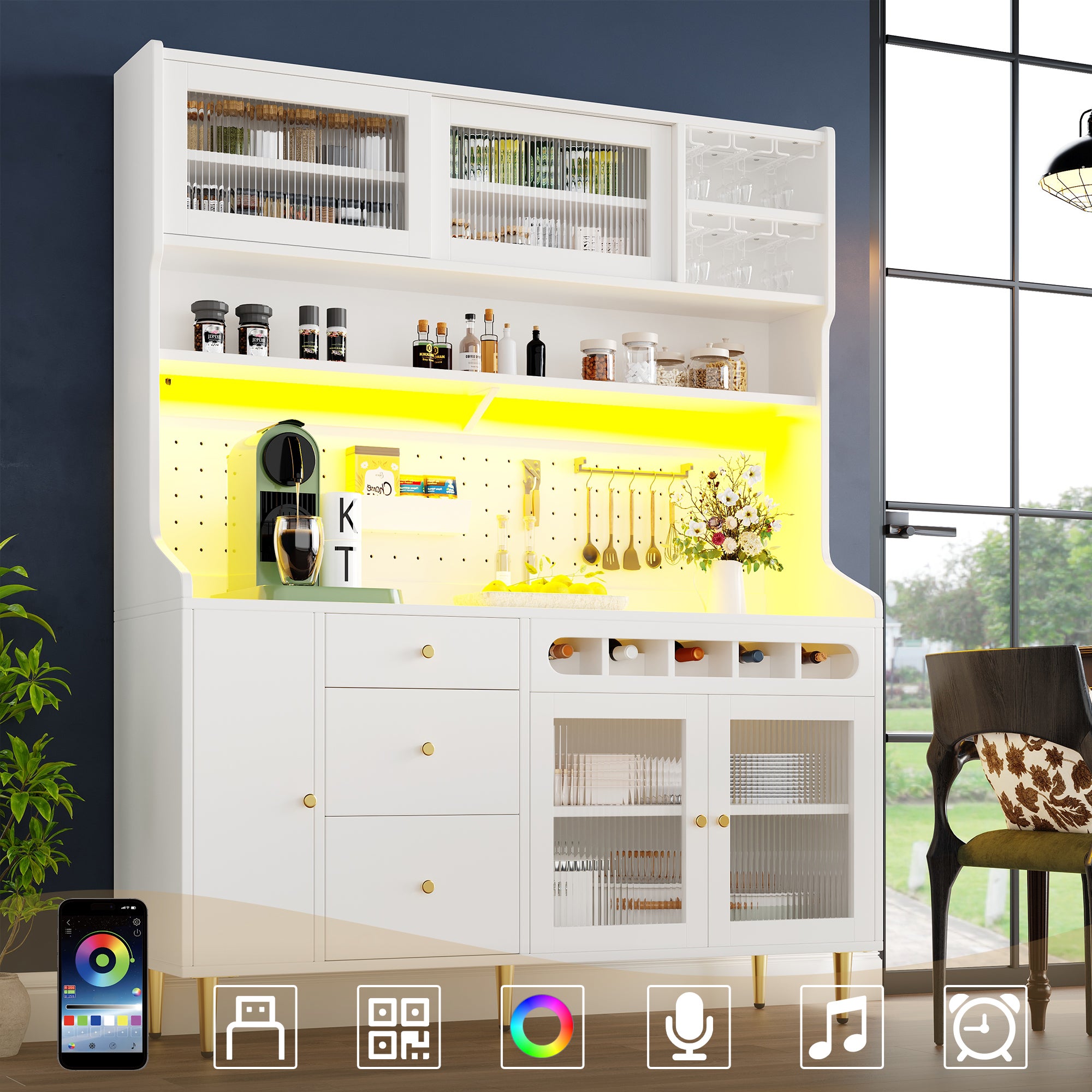 Wysoka komoda kuchenna z 5 drzwiami, 4 szufladami i stojakiem na wino - 145 x 39 x 171 cm - MDF i szkło - diody LED - biała