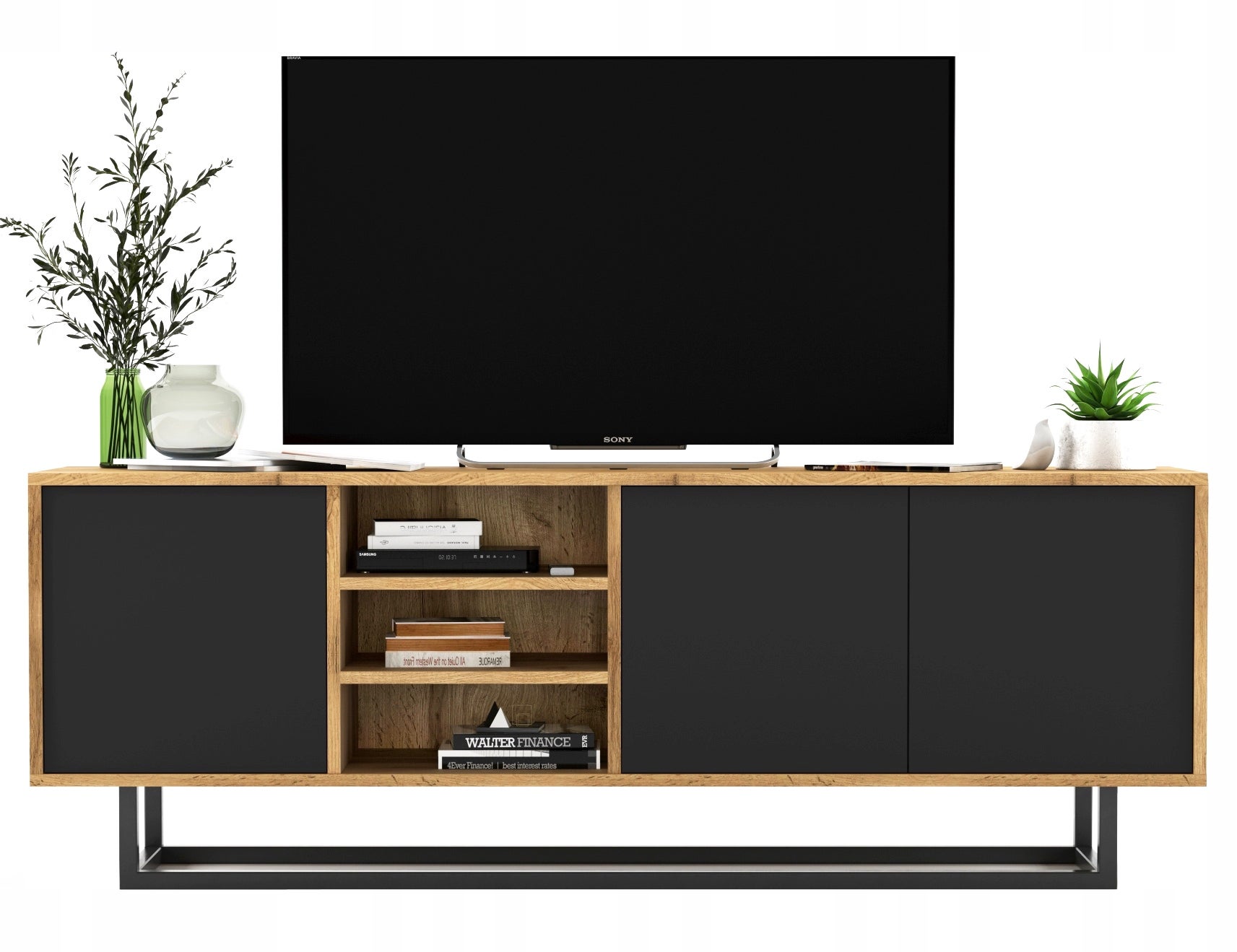 Szafka RTV Loft industrialna 150 cm dąb wotan czarny mat, mebel RTV pod telewizor do salonu
