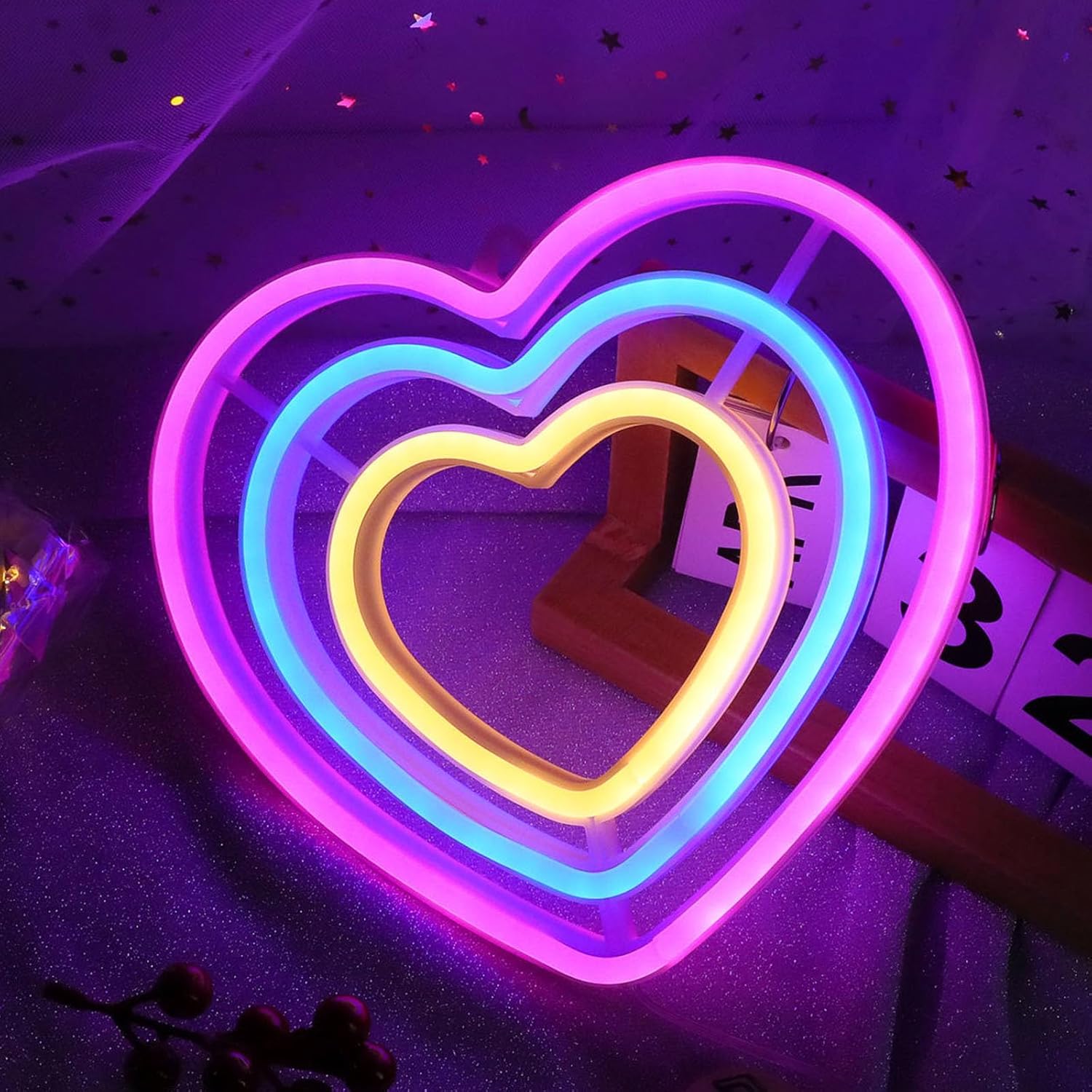 Tęczowy neon w kształcie serca do dekoracji ściennej, neon LED, zasilany przez USB, kolorowe neony w kształcie serca
