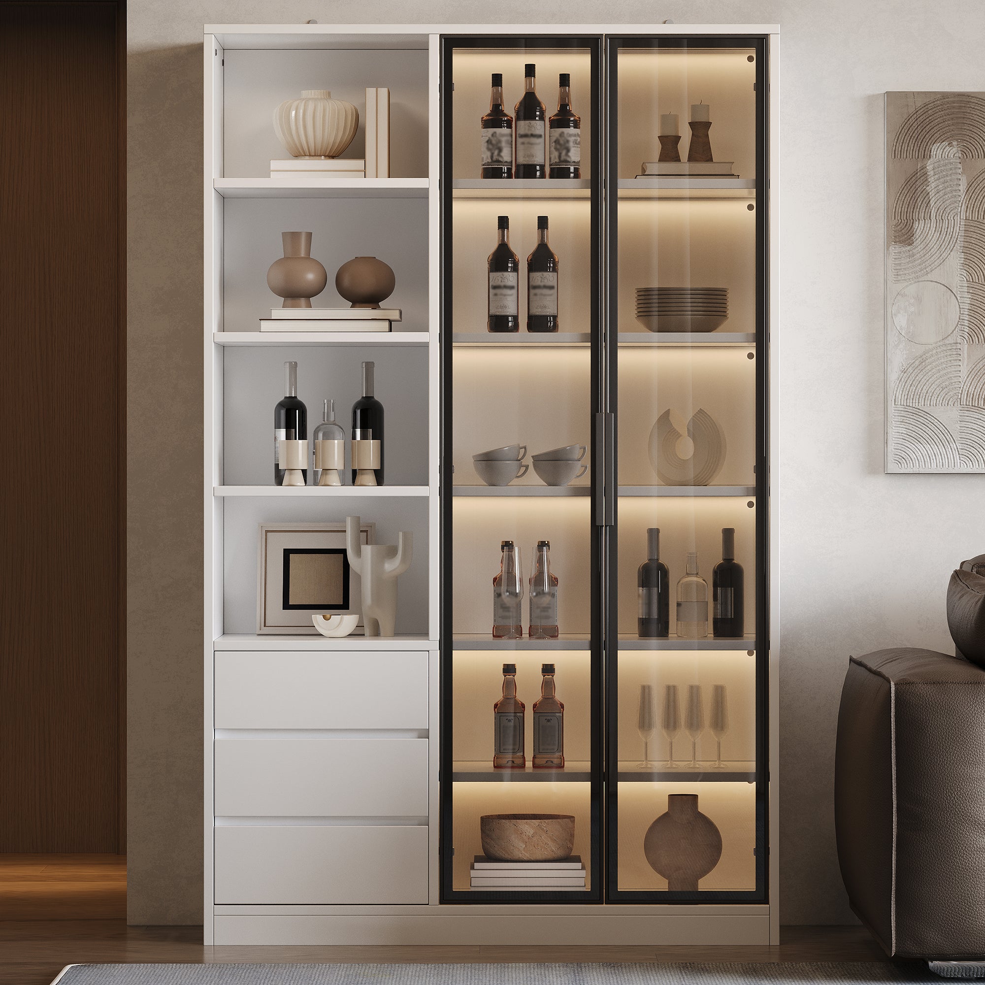 Gablota/szafa wysoka 100x35x160 cm - z oświetleniem LED - 2 przeszklone drzwi i 3 szuflady - regulowane półki - biały