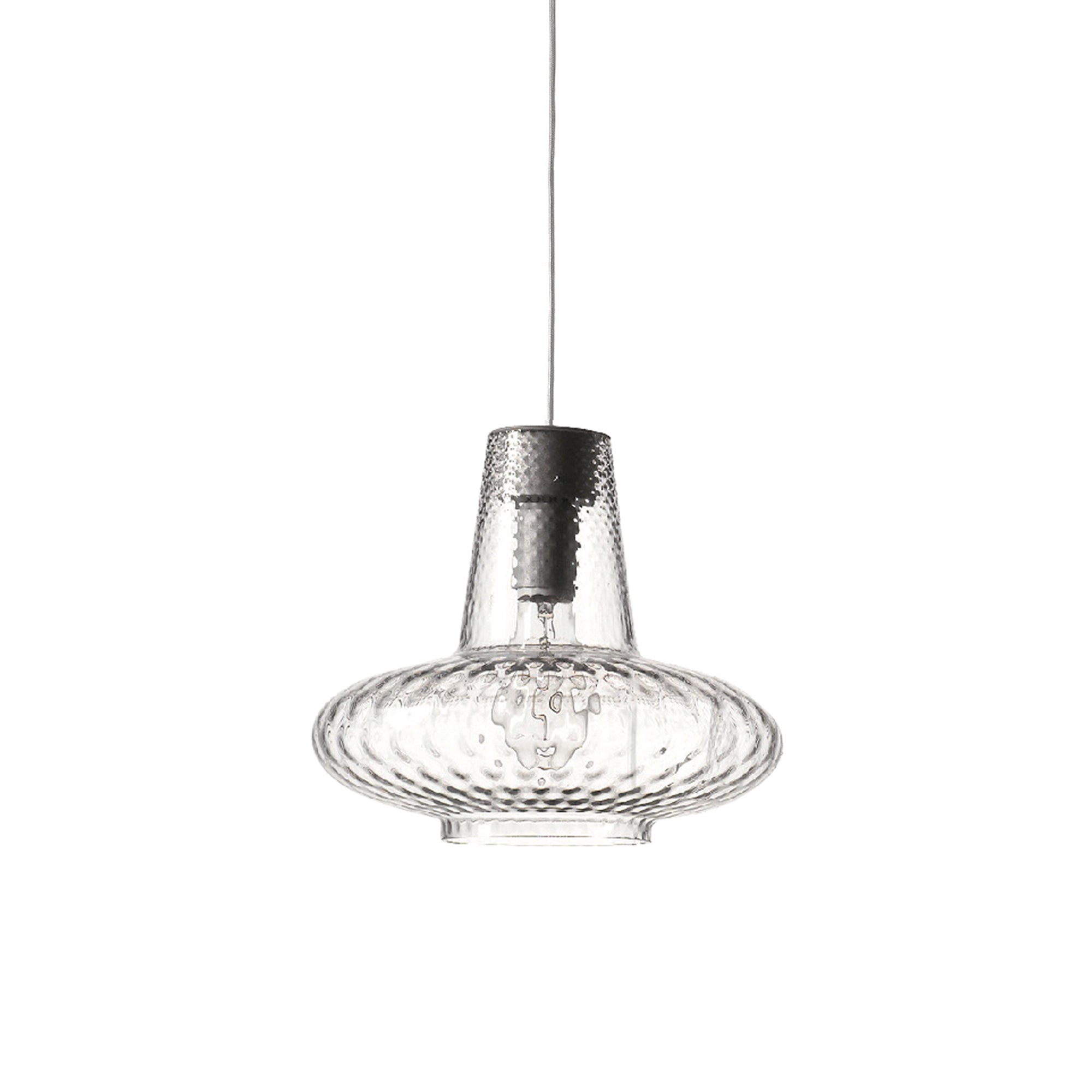 Zafferano Lampa wisząca, szkło dmuchane i metal, ø 320x3150 mm, 1X E27 o mocy 70 Watt, IP20, szara konstrukcja, przezroczyste szkło