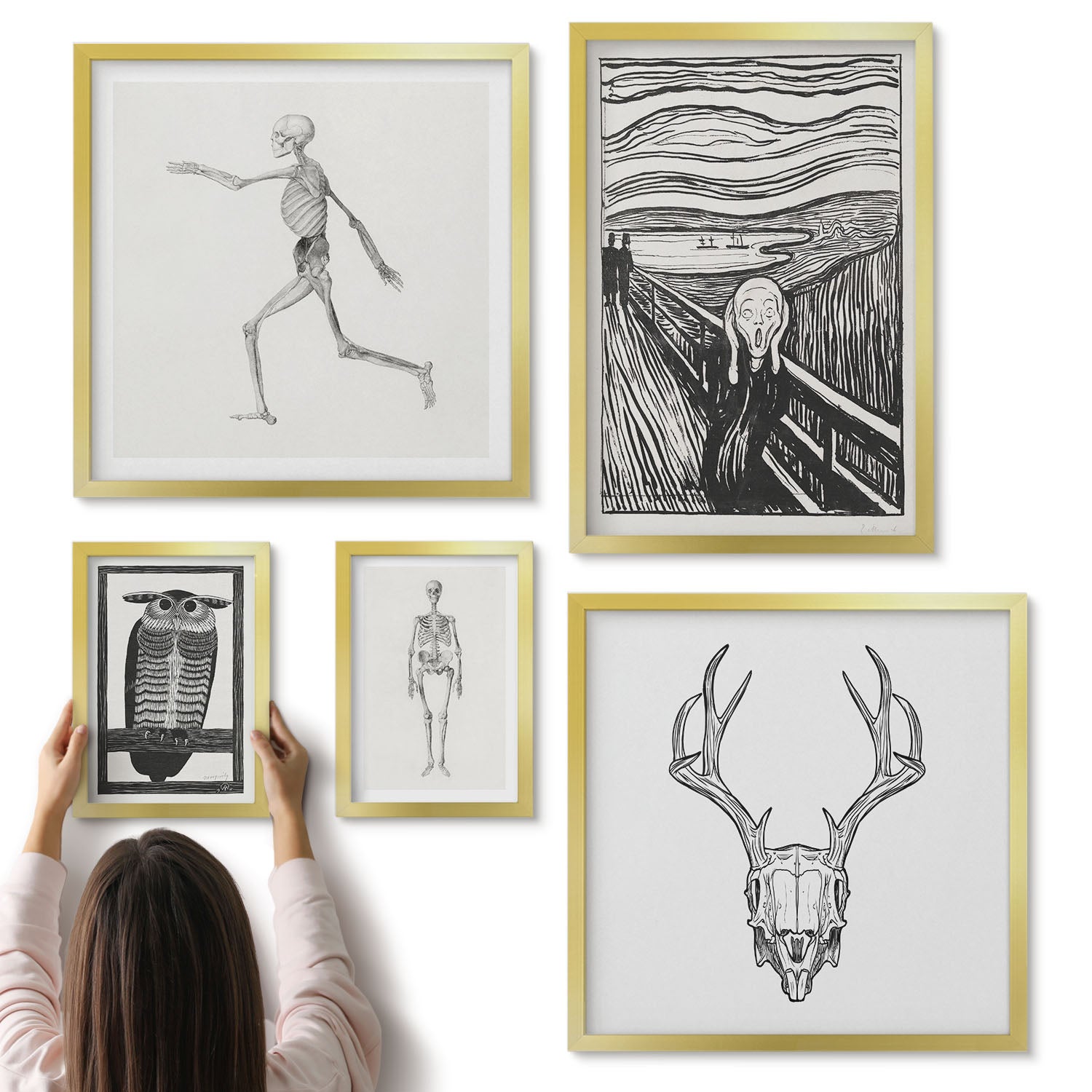 Galeria ścienna 5-częściowy komplet obrazów w złotych ramach - Sztuka surrealistyczna z motywami natury i człowieka - ArtPrintCave