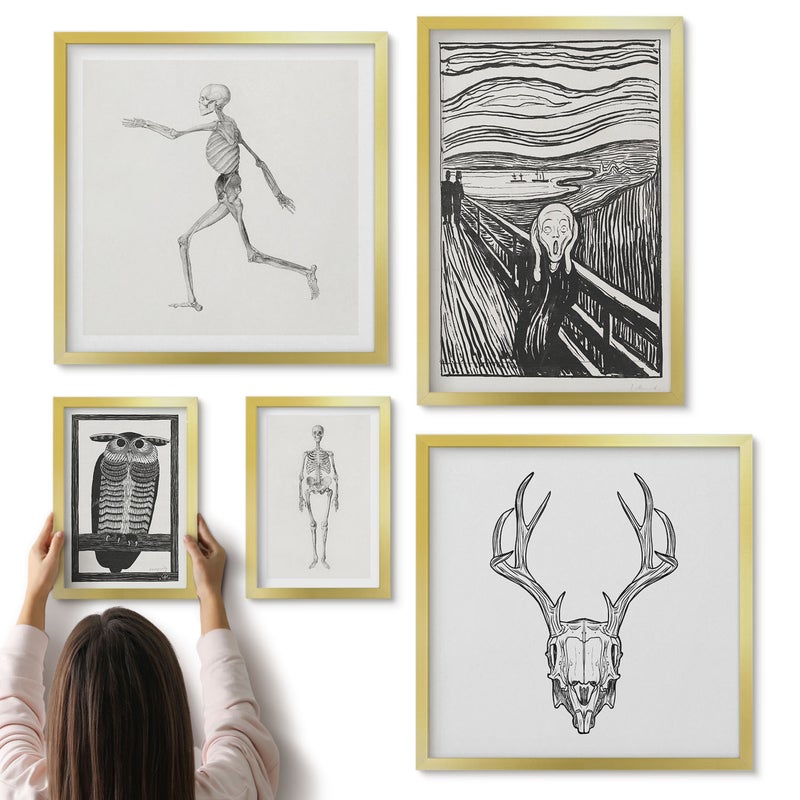 Galeria ścienna 5-częściowy komplet obrazów w złotych ramach - Sztuka surrealistyczna z motywami natury i człowieka - ArtPrintCave