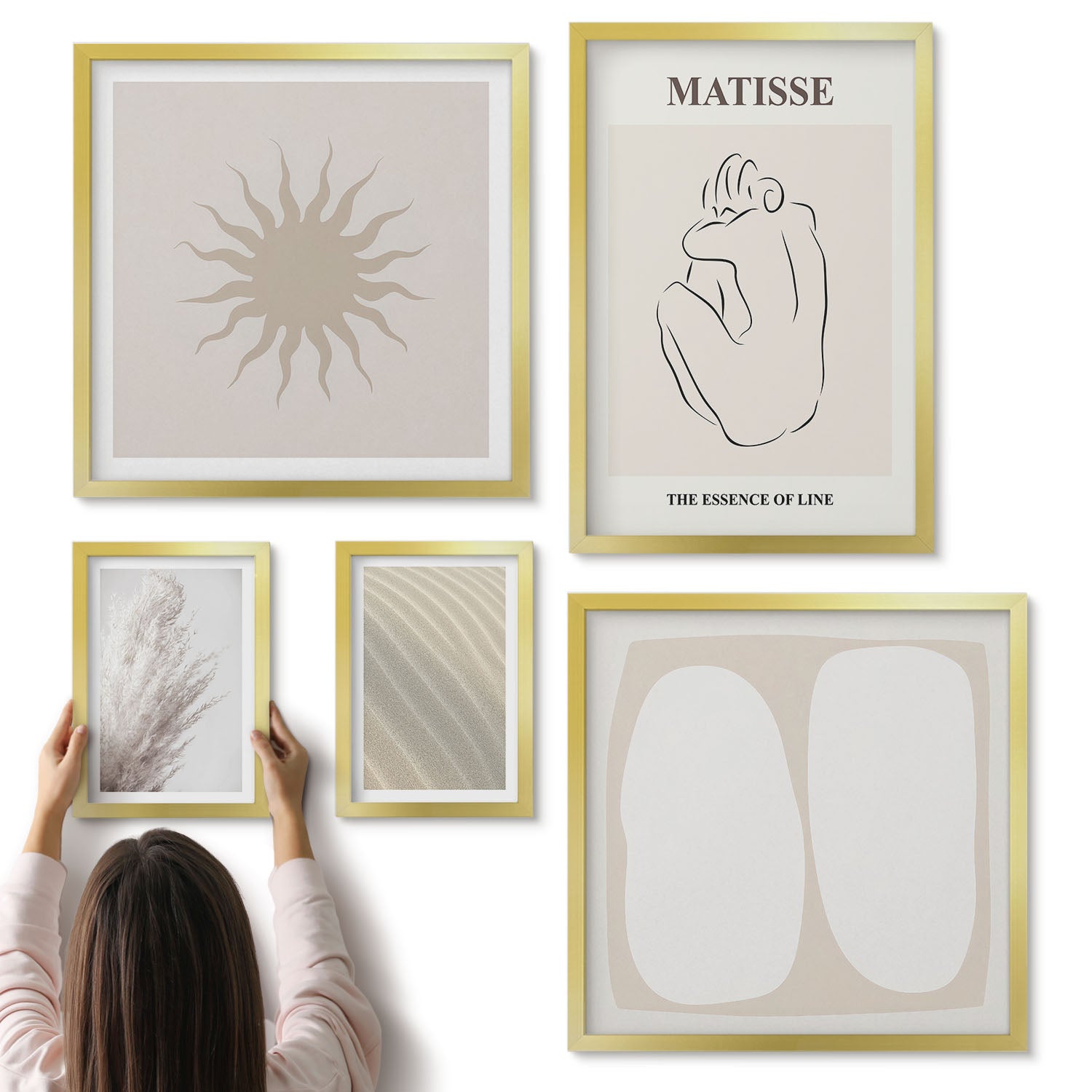 Galeria ścienna 5-częściowy komplet obrazów w złotych ramach - Styl boho minimalistyczne formy i naturalne motywy - ArtPrintCave