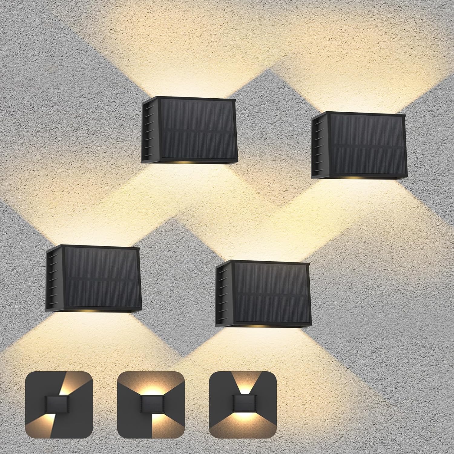 (Zestaw 4) Zewnętrzne lampy ścienne zasilane energią słoneczną, ciepłe białe światło LED 3000K ze światłem skierowanym w górę i w dół, zewnętrzna lam