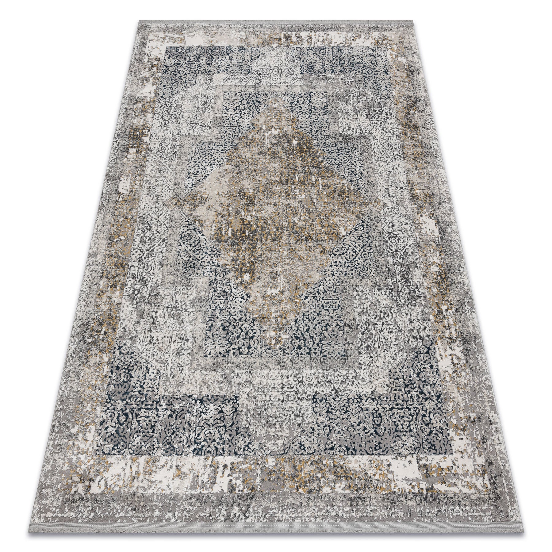 Dywan TULS nowoczesny, strukturalny, frędzle 51323 Vintage, przecierany, Ramka rozeta kość słoniowa / szary 80x150 cm