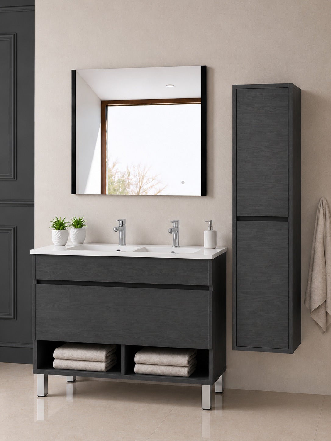 Szafka łazienkowa na nóżkach z umywalką ORIGENBATH NEBARI na nóżkach z szufladą z kolumną 120x45 cm podwójna umywalka grafitowy z kolumną