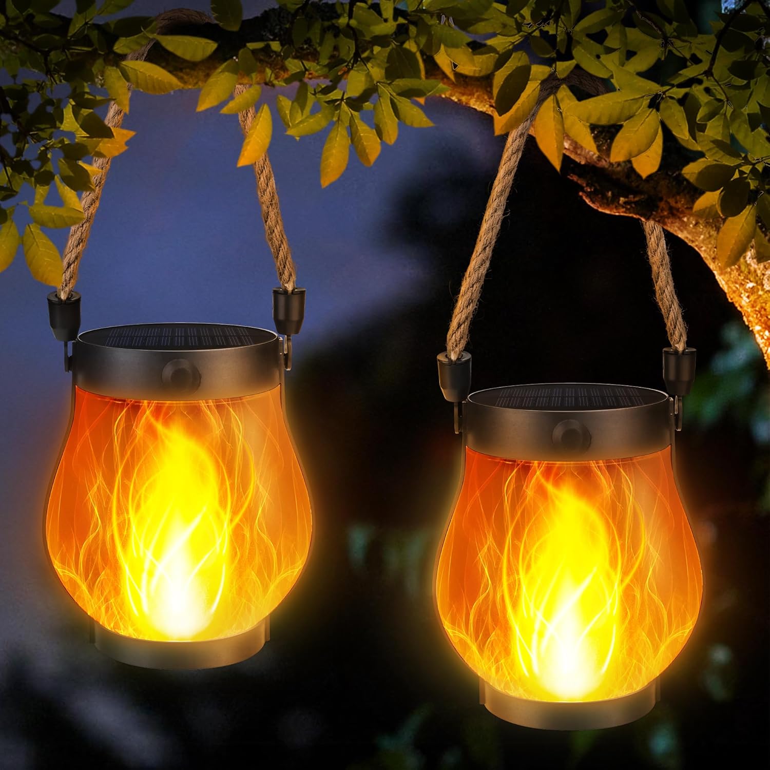 Zestaw 2 lamp wiszących do ogrodu zasilanych energią słoneczną, zestaw 2 lamp zewnętrznych zasilanych energią słoneczną z realistycznymi efektami płom