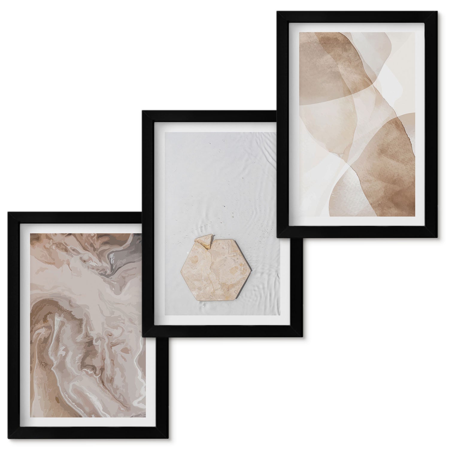 Zestaw obrazów w ramie - 3 części | Designerska abstrakcja inspirowana naturą | Czarna ramka
