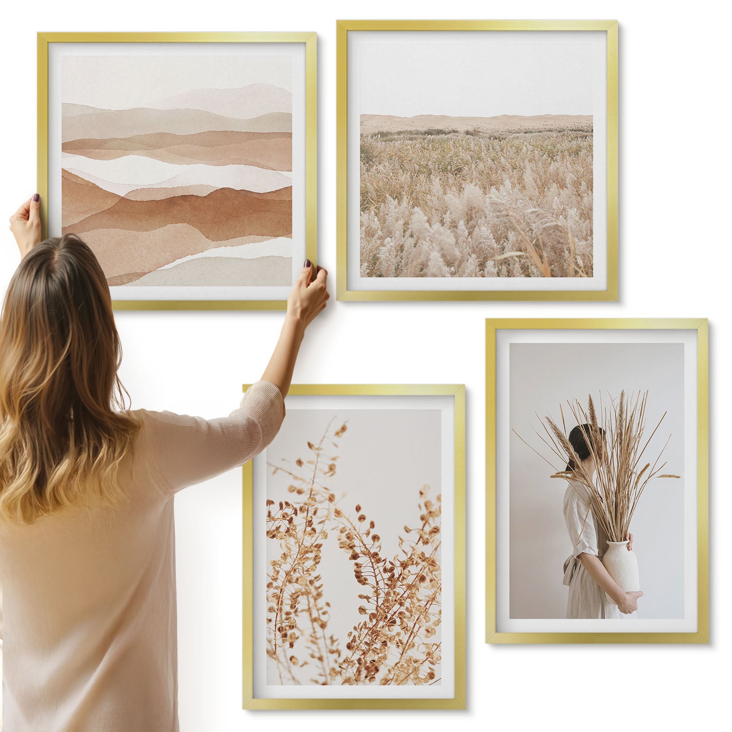 Galeria ścienna 4-częściowy komplet obrazów w złotych ramach - Roślinne motywy abstrakcja styl rustykalny boho - ArtPrintCave