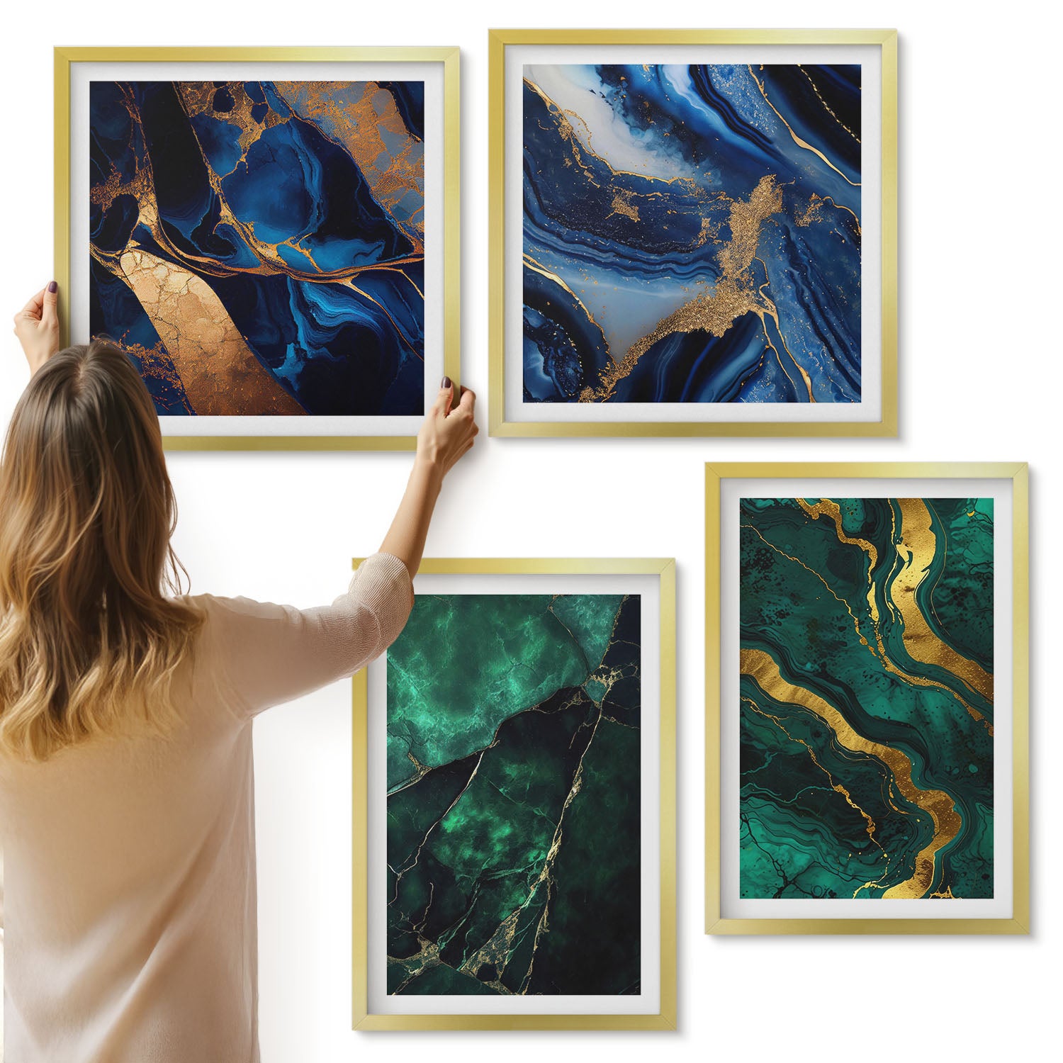 Galeria ścienna 4-częściowy komplet obrazów w złotych ramach - Eleganckie abstrakcyjne wzory kamieni - ArtPrintCave