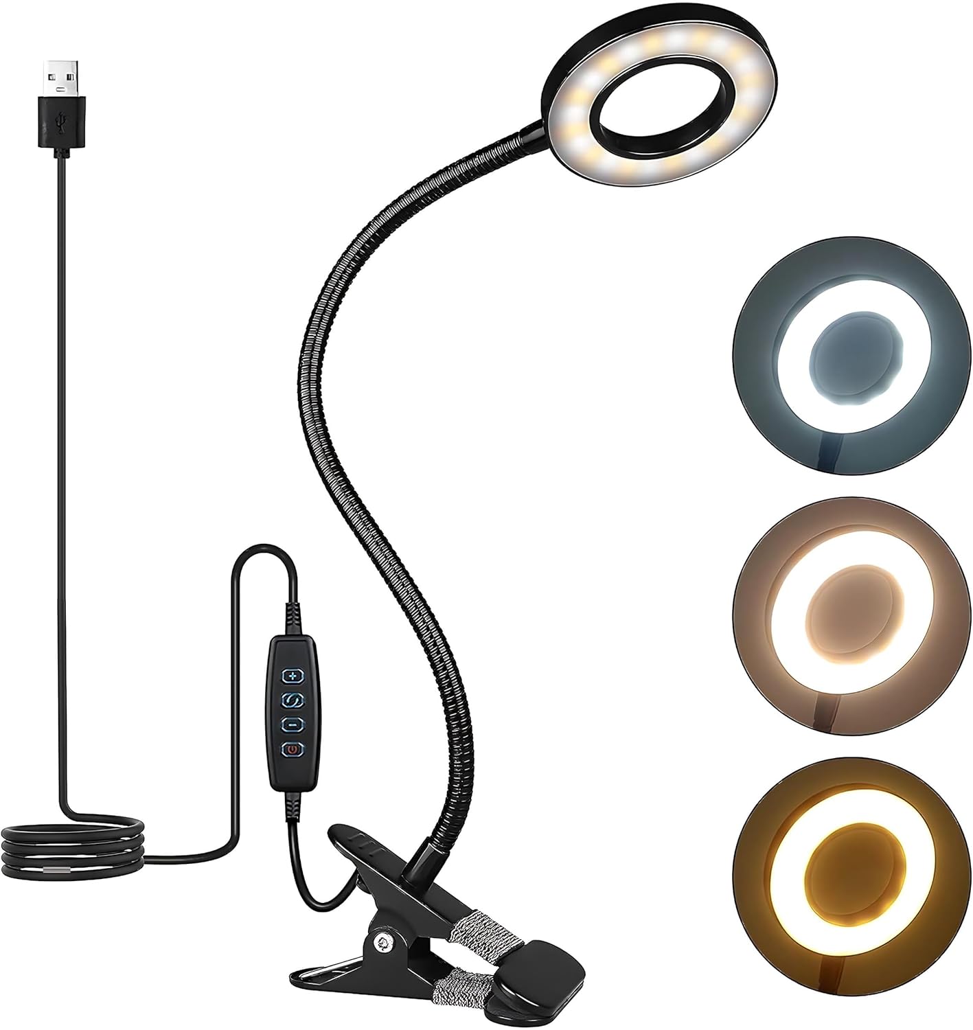 Ładowalna lampka biurkowa LED – lampka z klipsem USB 360°, 3 poziomy jasności do czytania i pracy