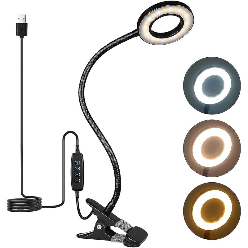 Ładowalna lampka biurkowa LED – lampka z klipsem USB 360°, 3 poziomy jasności do czytania i pracy