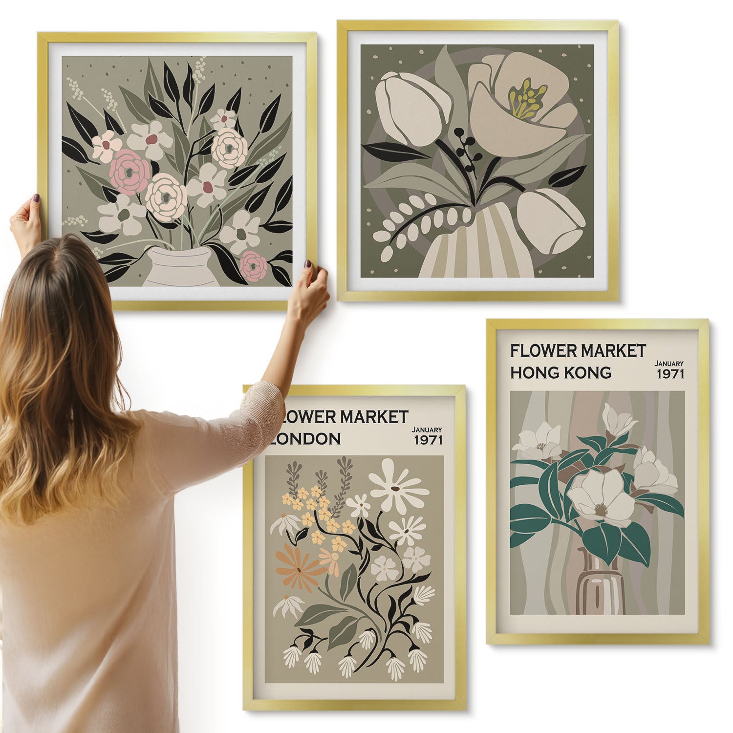 Galeria ścienna 4-częściowy komplet obrazów w złotych ramach - Kwiatowe postery Londyn Hongkong ilustracje - ArtPrintCave