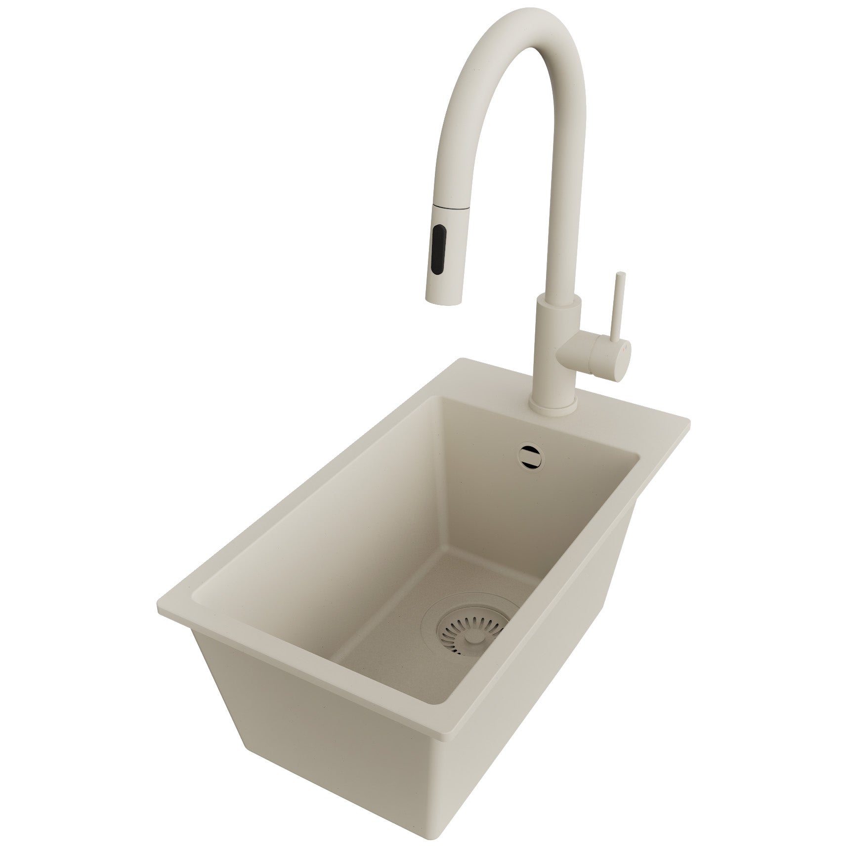 Zlewozmywak Granitowy Beżowy 28x50cm, Zlew Kuchenny 1 Komorowy + Bateria 40x20cm + Syfon, Nablatowy do szafki od 30cm - Ryga PRIMAGRAN