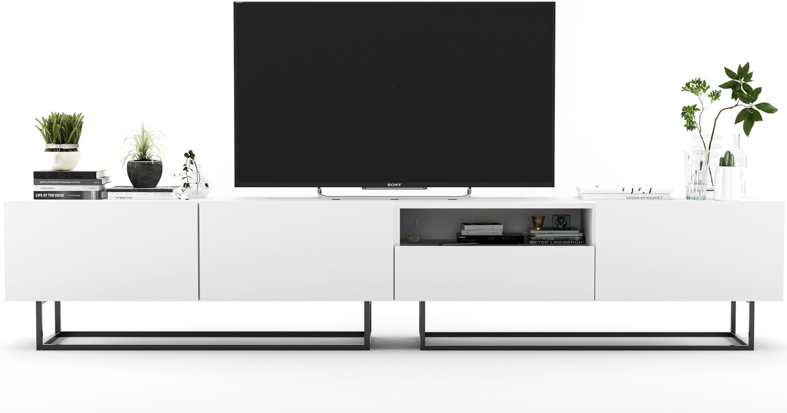 Szafka RTV Loft 240 cm biały mat, industrialna komoda pod telewizor do nowoczesnego salonu