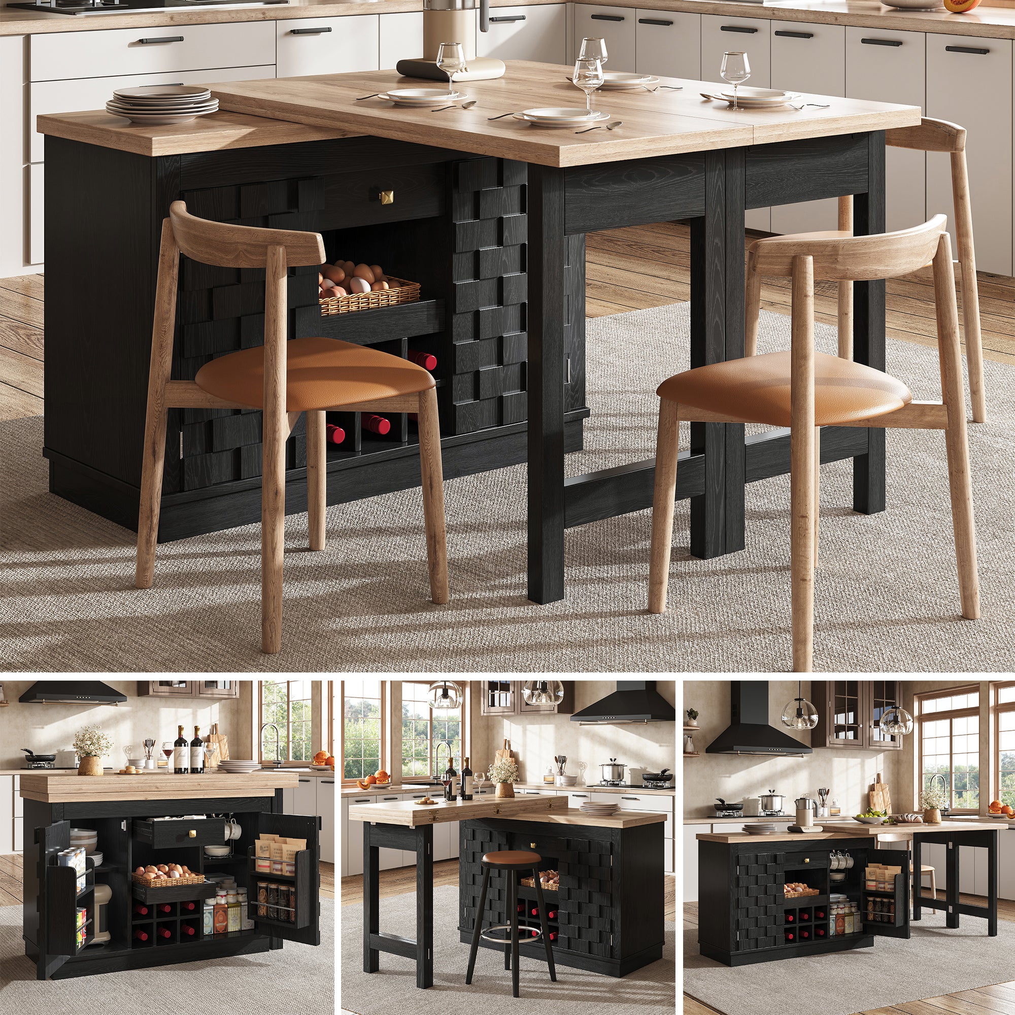 Stół jadalny obrotowy 360°, składany z 6 uchwytami na butelki, 2 drzwiami i 1 szufladą – płyta MDF i metal – 120/197 x 40 x 74,2 cm – czarny