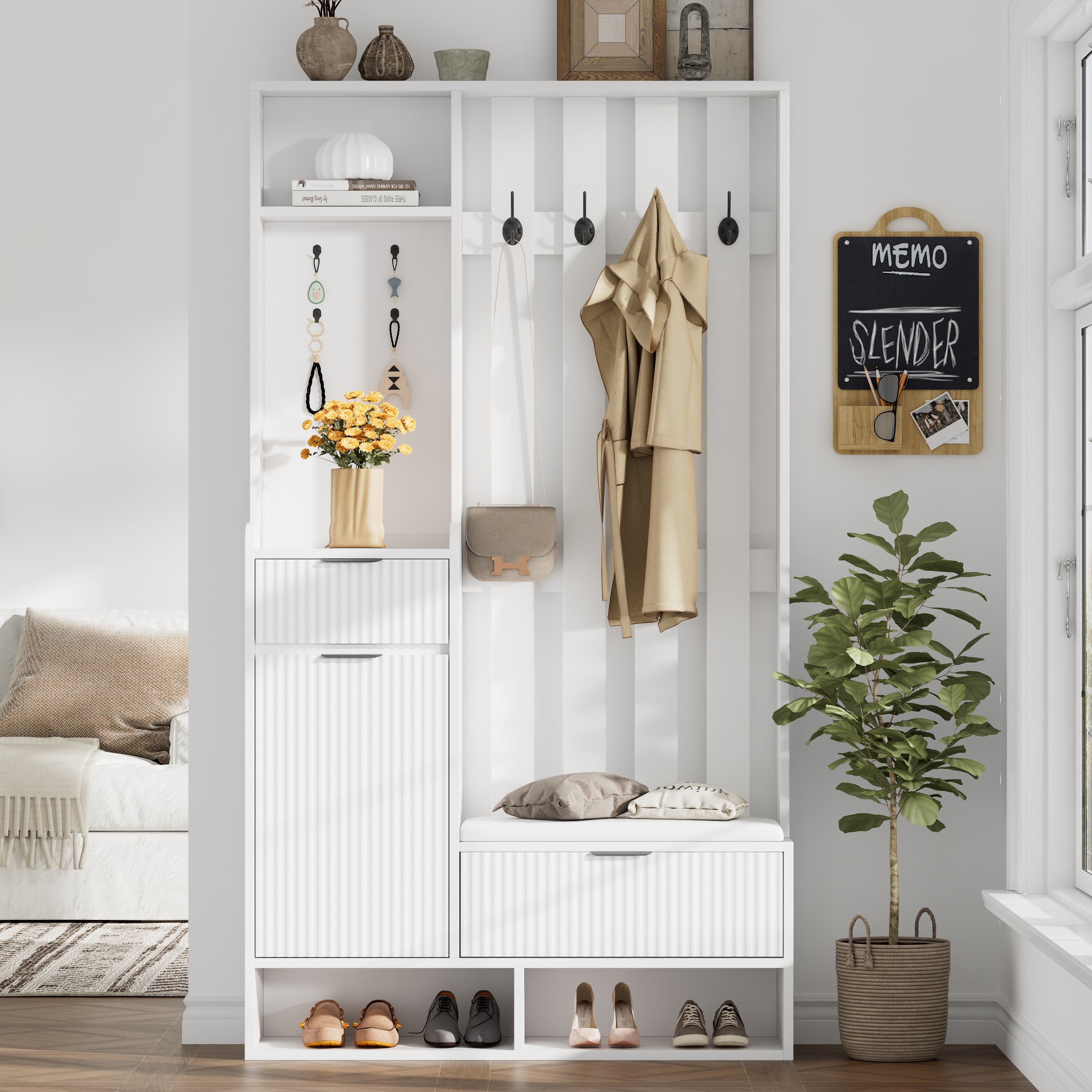 Zestaw do przedpokoju - 100x30x180 cm - z 8 wieszakami i ławką na buty - z 2 szufladami i 1 drzwiami - z szafką na buty - biały