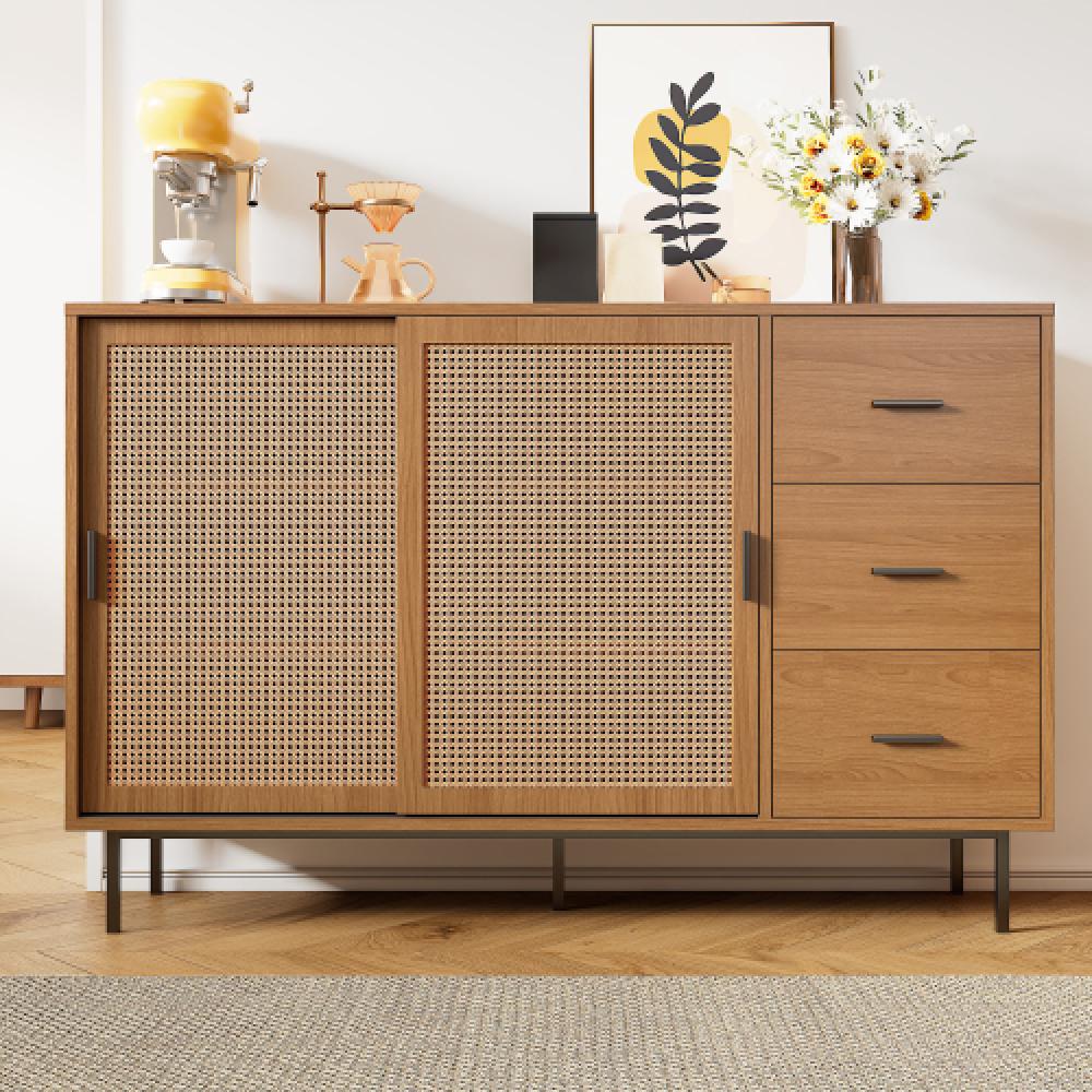 Komoda z płyty MDF z 2 przesuwanymi drzwiami z rattanu i 3 szufladami – Komoda w stylu rustykalnym do salonu i jadalni, 140x91x37 cm