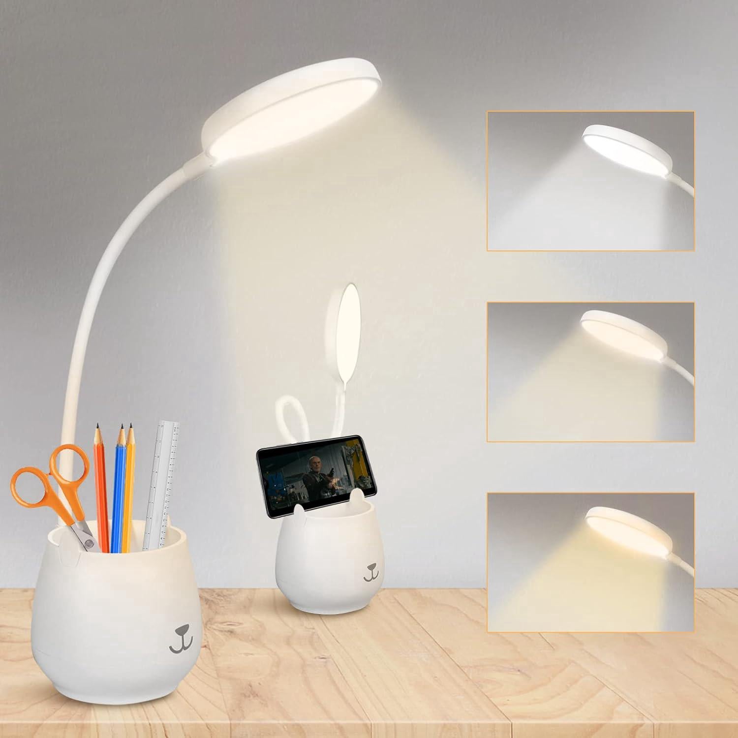 Lampka biurkowa z miejscem na długopisy, regulowana lampka LED z 3 trybami oświetlenia i 24 diodami LED, lampka nocna dla dzieci z zabezpieczeniem.